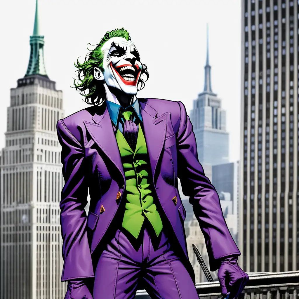 The joker laughing while standing on the empire building
