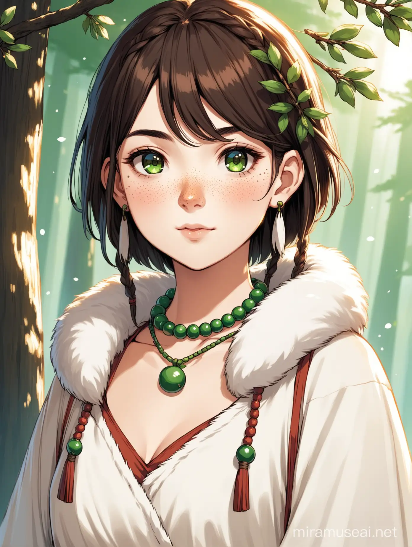 30-year-old woman with dark green eyes, she has choppy short hair  in the front with shorter length hair in the back with dark brown hair  with a little freckles. A juniper tree necklace. 
Her outfit is inspired by Princess Mononoke.  Her outfit consists of white furs. She has no markings on ger face.   SHE HAS DARK BROWN HAIR. She has a greek nose. Her face is round. She is kinda pale. She has 2 short braids that are different lengths in the front. She has rosy cheeks. She has a 1 dangly earring that is a leaf. She has beads and little leaves in her hair.