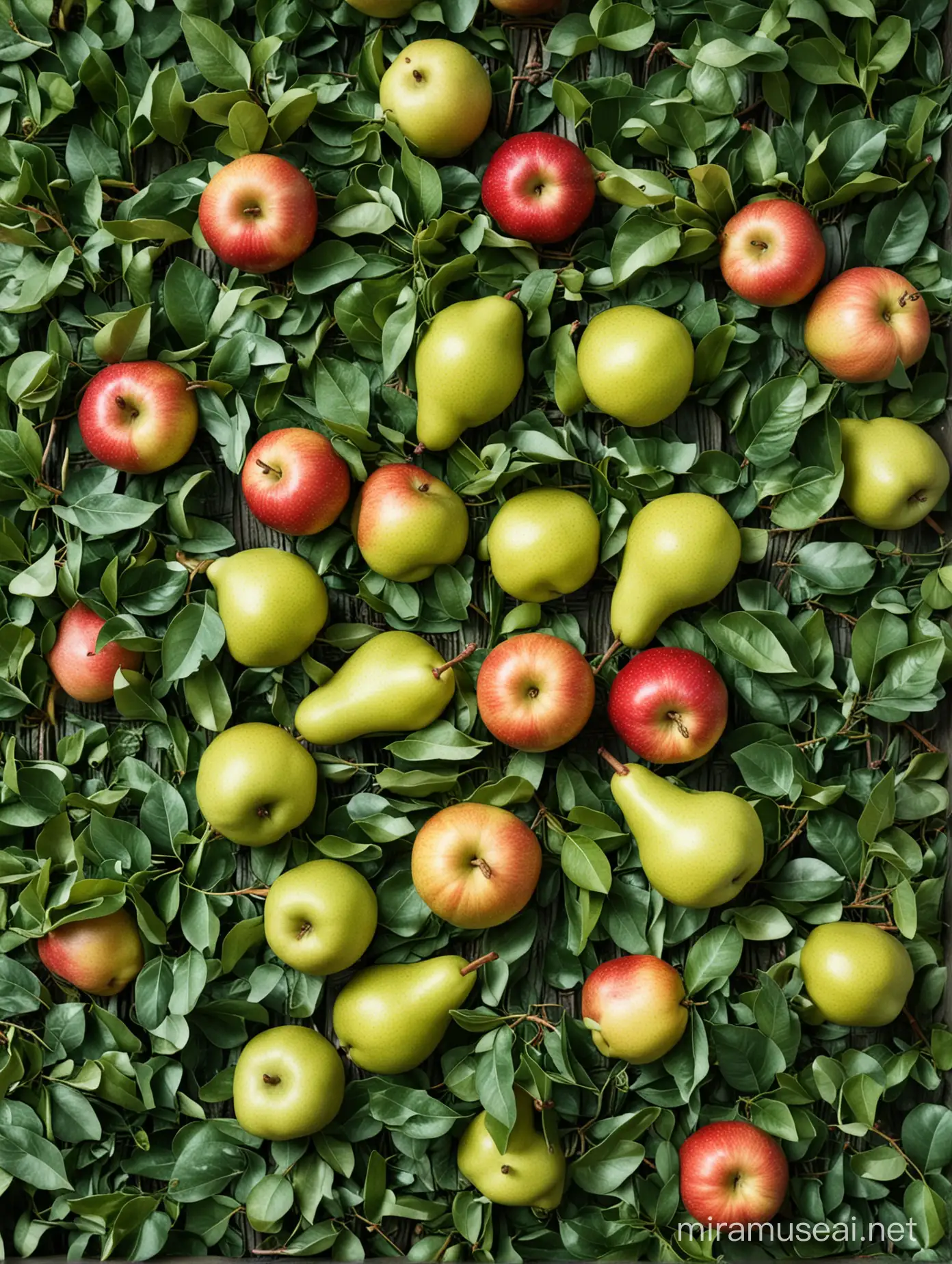 pears, apples, green leaves, photo