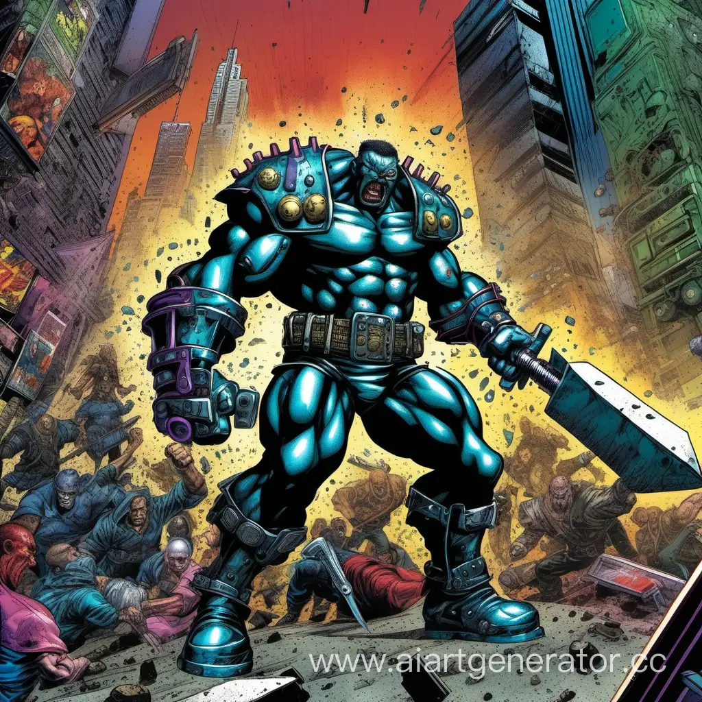 90s comics art, attack move, full height figure, cyberpunk, armored bruiser, metal mace, stoned, violent crazy, aggressive, colored