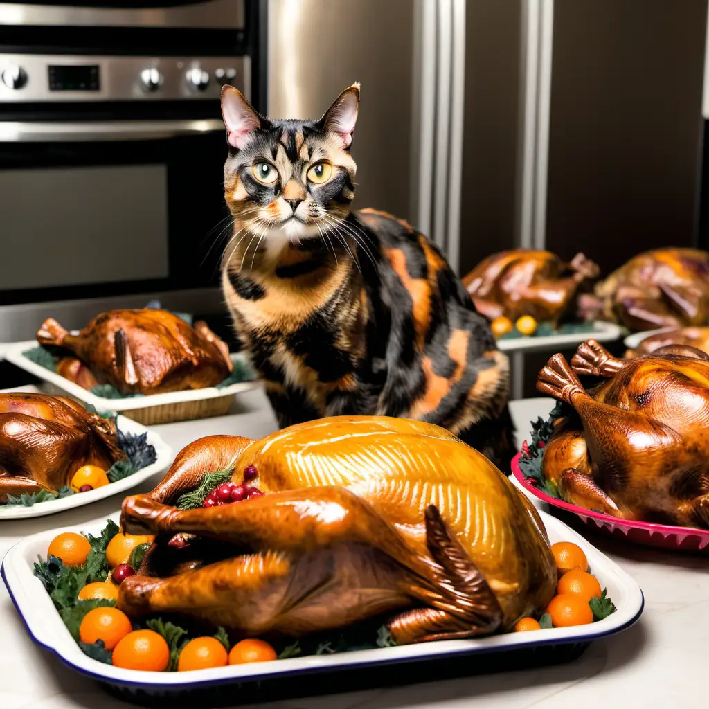 Excited Tortie cat surrounded by cooked turkeys
