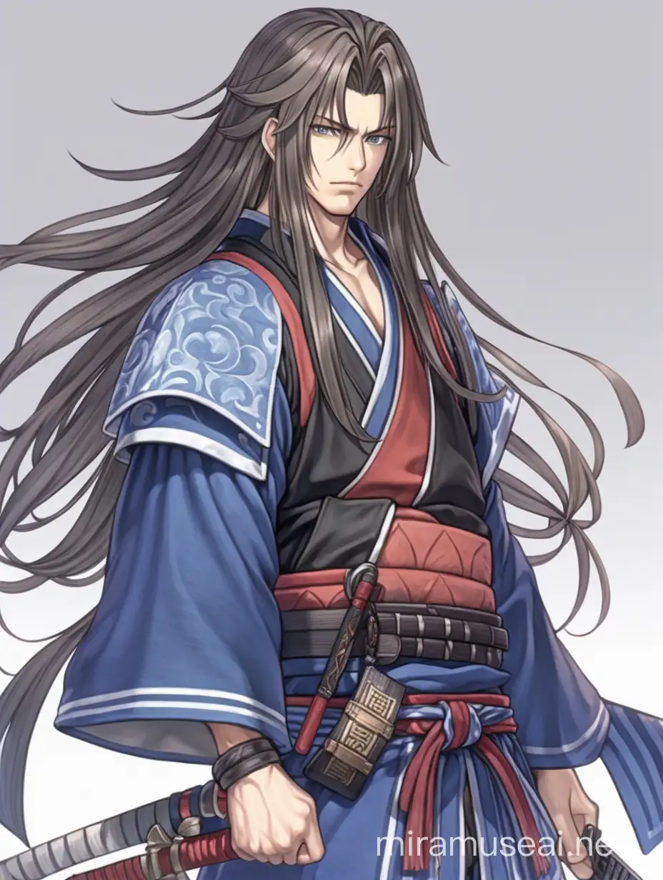 jrpg, adult man, samurai, cool long hair with bangs, fantasy, another eden, full body, waist up fully in view, portrait, no background, facing slightly to the side, staring at the camera