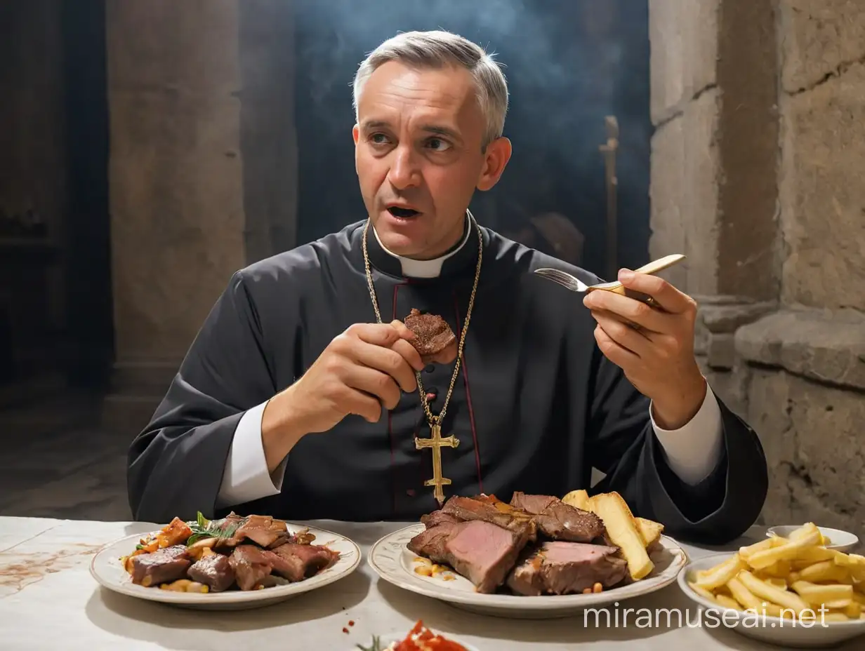 A photograph of Roman Catholic priest eating meat