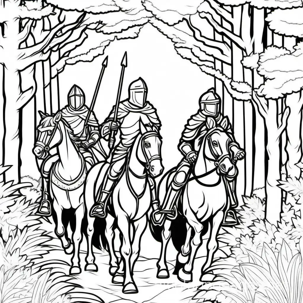 Knights riding horses through the forest, Coloring Page, black and white, line art, white background, Simplicity, Ample White Space. The background of the coloring page is plain white to make it easy for young children to color within the lines. The outlines of all the subjects are easy to distinguish, making it simple for kids to color without too much difficulty