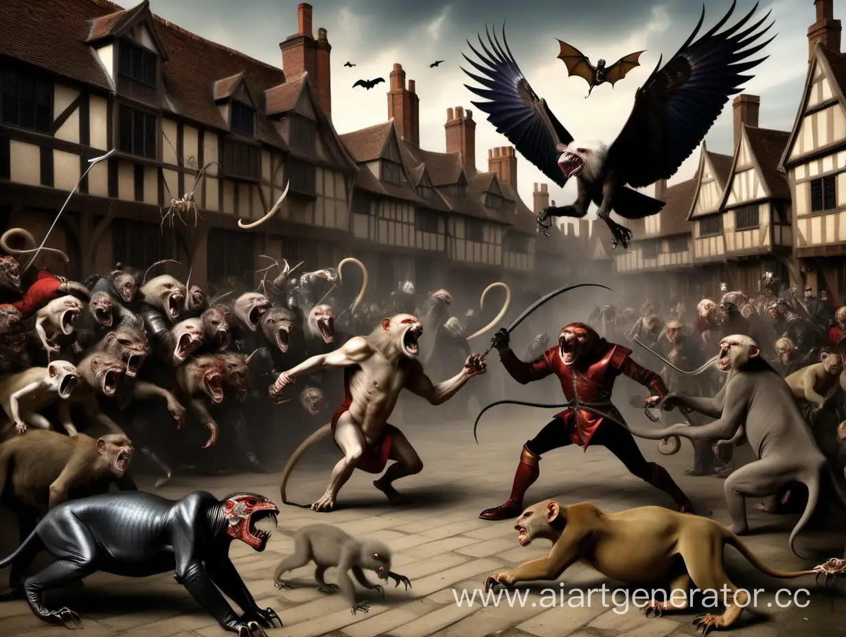 Hybrids of scorpions, lions, eagles, monkeys, elephants, ocopuses, spiders and bats fighing each other in ft of a Tudor crowd in a Tudor village.