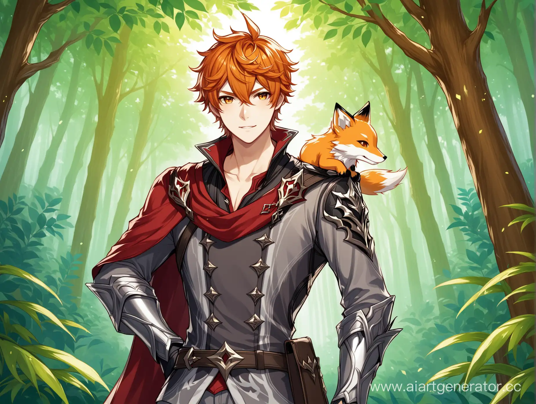 draw an art of a fox guy  looks like the character from Genshin Impact Tartaglia in a deep forest and as if Tartaglia is inviting into the forest in 1024x768 format