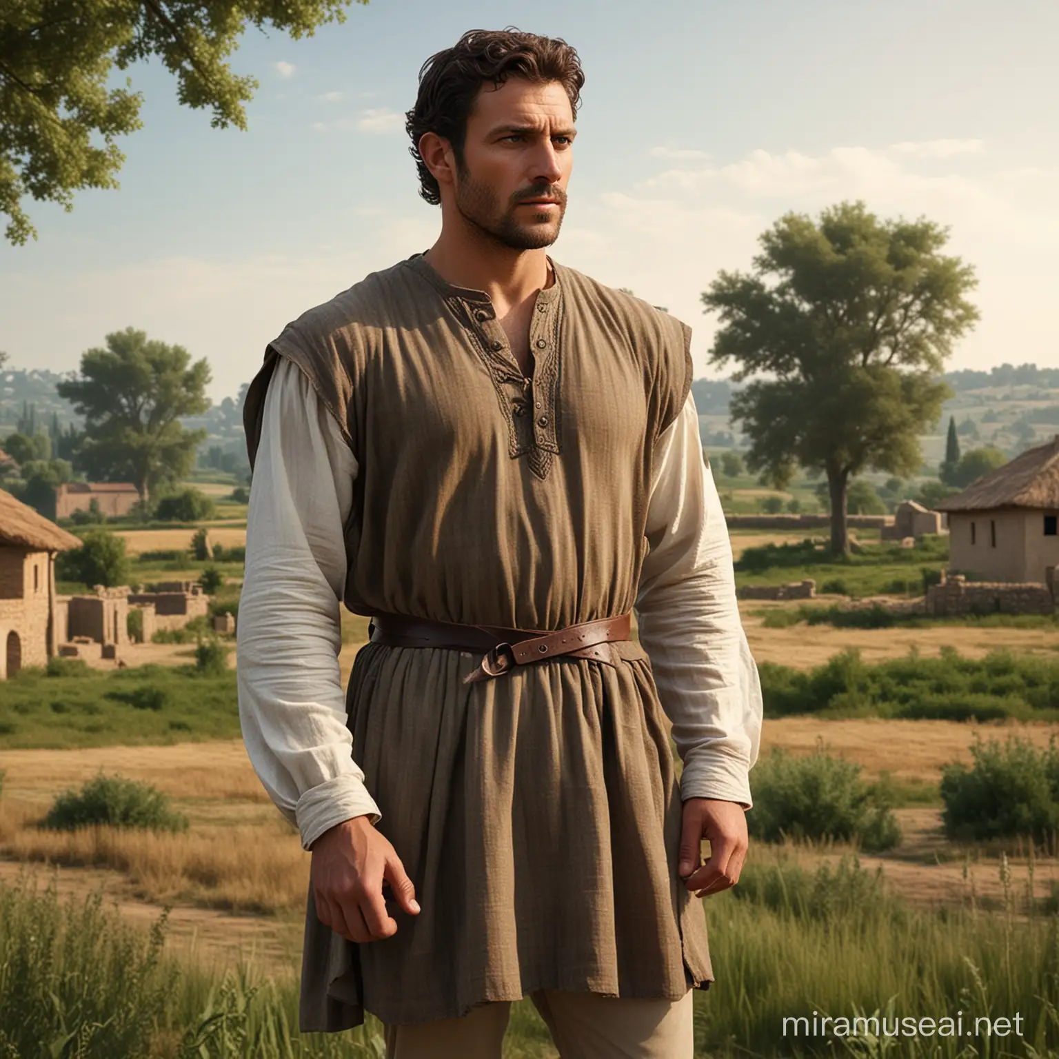 Generate a photorealistic image of a man from the first century AD, framed from the waist to the top of the head, wearing period-appropriate clothing. The man should be depicted standing in a typical rural scene from that time period. The background should include elements such as fields, trees, and simple dwellings characteristic of rural life in the first century AD. Ensure that the man's clothing reflects the attire commonly worn during this historical period, consisting of garments such as a tunic, sandals, and possibly a cloak. The overall image should evoke the atmosphere and lifestyle of rural communities during the first century AD with meticulous attention to detail and realism.