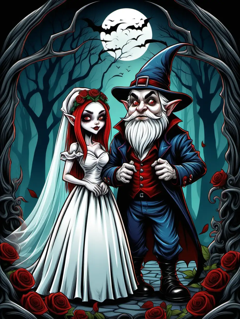 illustration book cover, gnome vampire  and gnome vampire bride, dark thick lines, color,