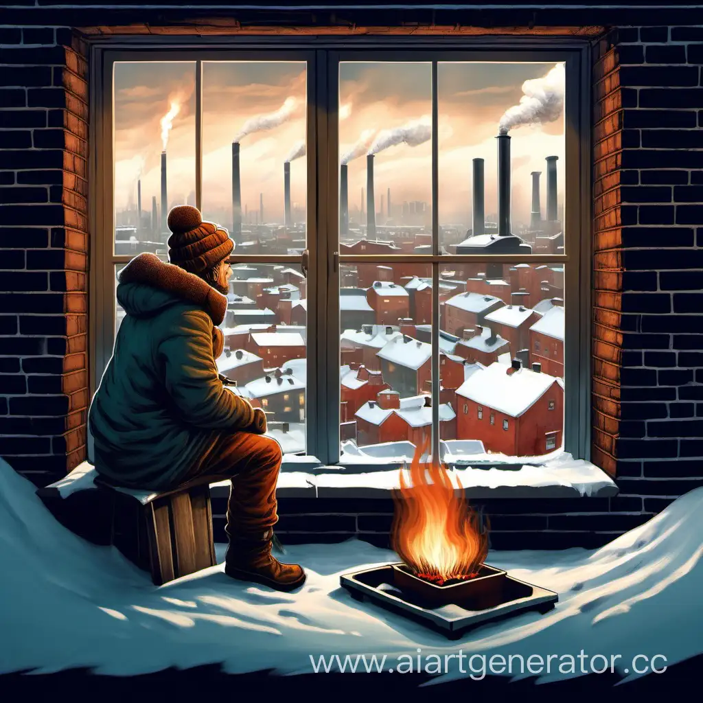 Парень сидит на подоконнике в зимней одежде и шапке-ушанке, смотрит на промышленный город, рядом горит печка-буржуйка