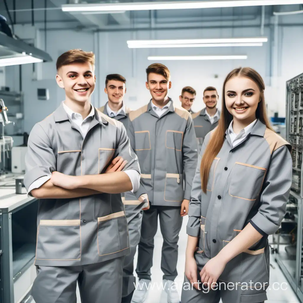 Молодые люди идут работать в техническую лабораторию, в рабочей форме серого цвета с бежевыми вставками, улыбаются
