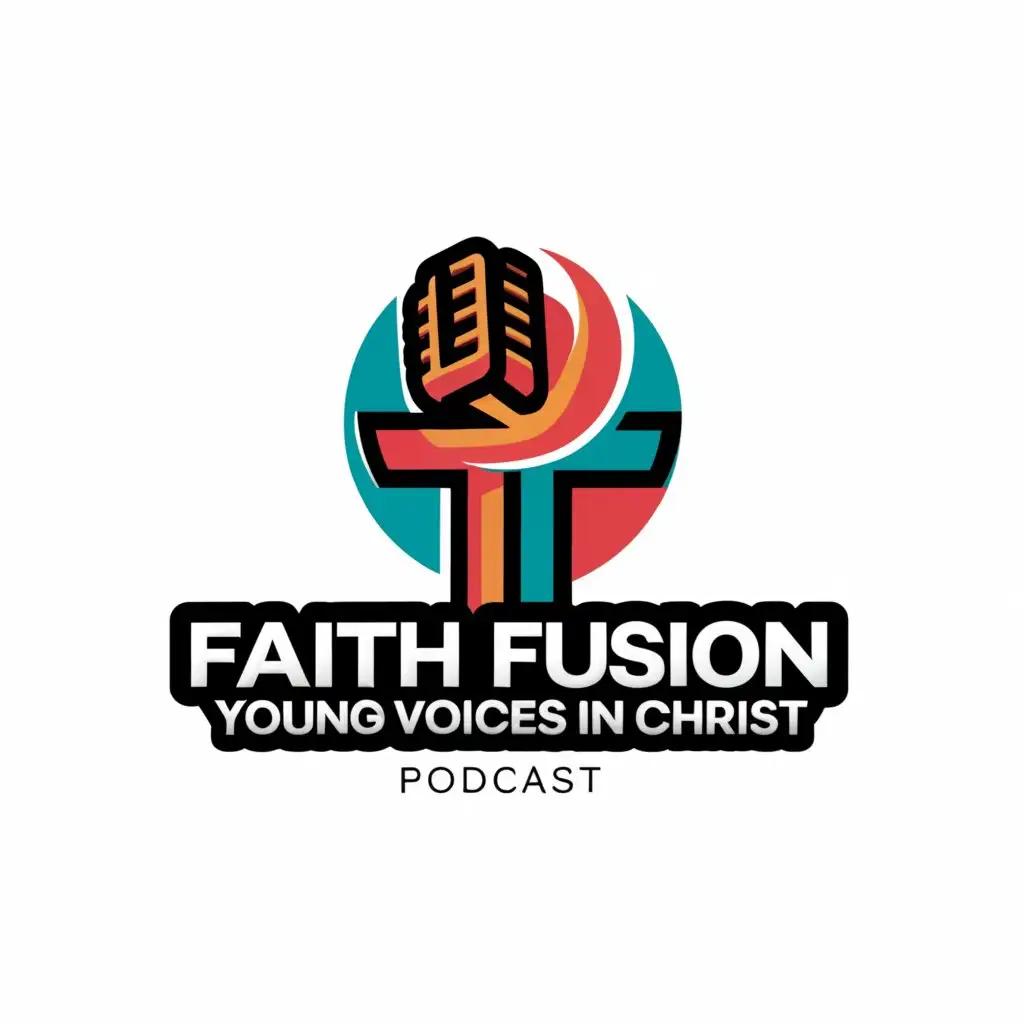 a logo design,with the text "Fꟻ: Faith Fusion: YOUNG VOICES IN CHRIST", main symbol:podcast, youth, christianity, cross,complex,be used in Religious industry,clear background