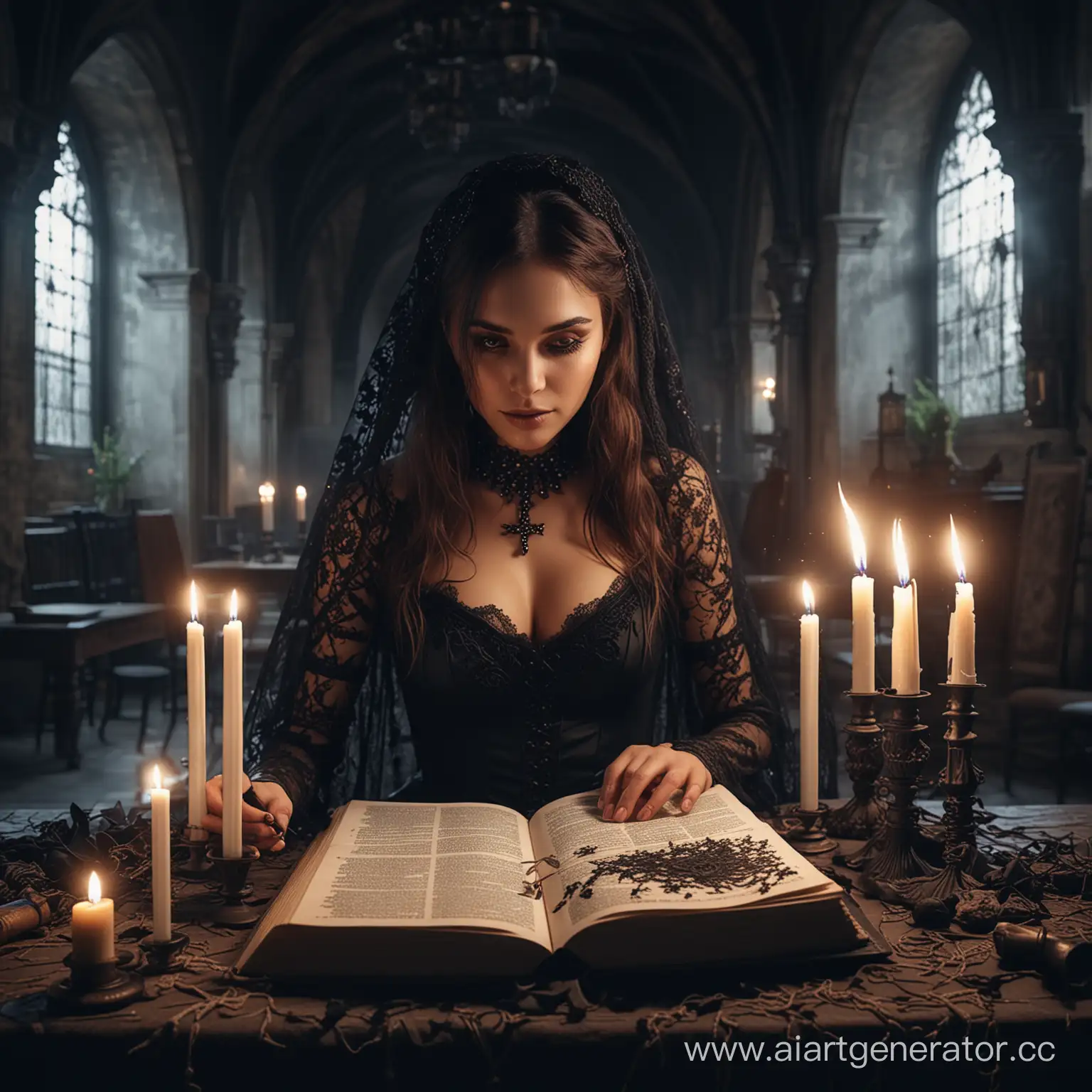 Gothic-Witch-with-Black-Lace-Veil-and-Ancient-Book-in-Castle-Hall