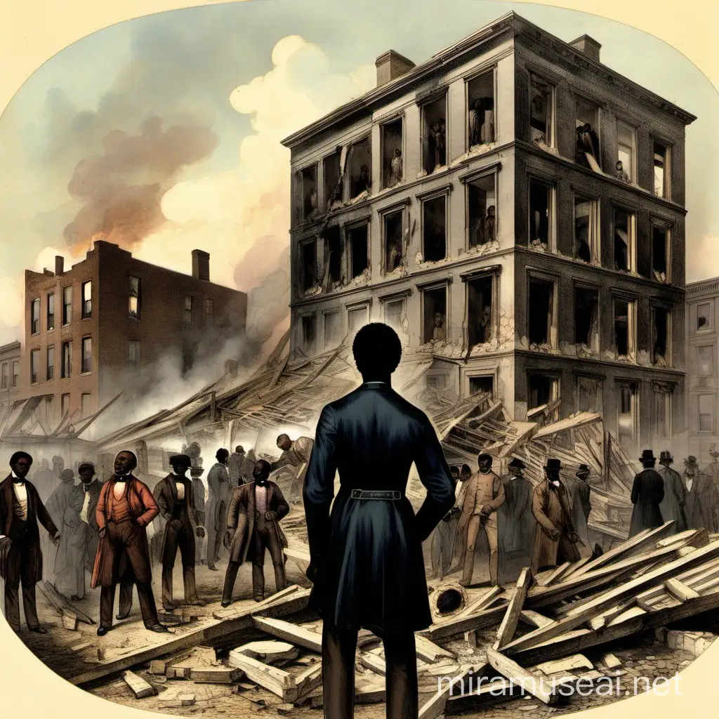 A black man with a short afro in the mid-1800s looking at a destroyed building with a crowd around the building
