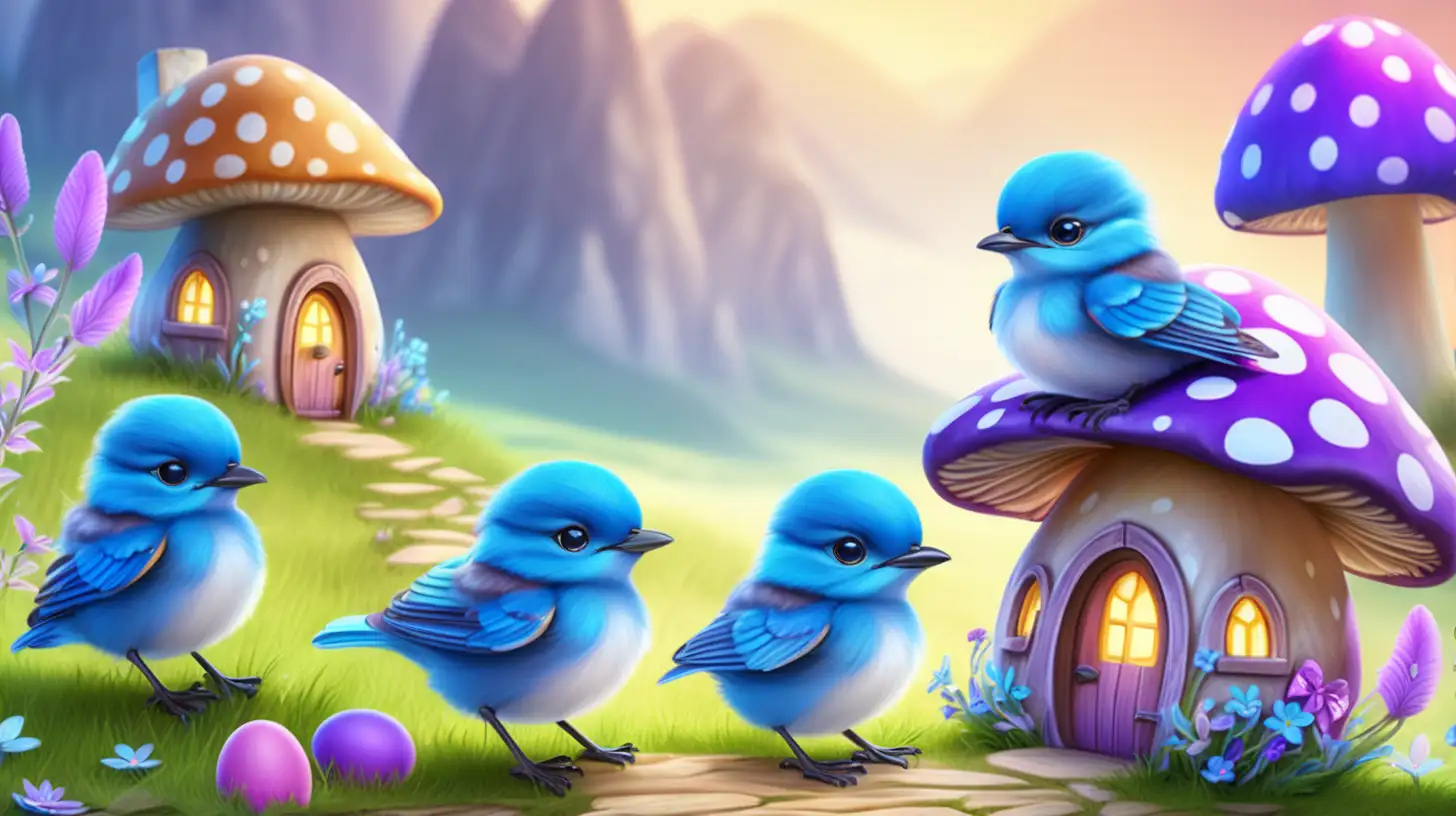 Cute small baby bluebirds. Glowing Magical-Fairytale-mushroom houses with magical mountain cliffs with path and easter eggs and bright-Purple-Blue-Green