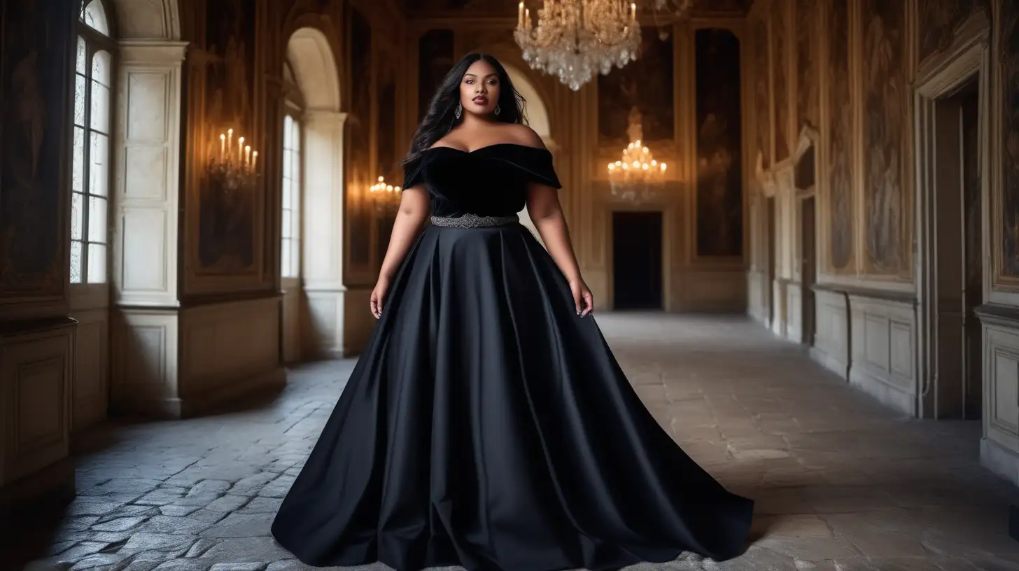 beautiful, sensual, classy elegant black plus size model wearing a straight neck off shoulder black dress with a very flared ankle length skirt, skirt is made from the same black fabric as top, fitted black bodice, sleeveless, empire defined waistline with a waistband tonal to the dress, long  hair is flowing, luxury photoshoot inside a magical winter castle in France, winter decorations inside the rooms in the castle, antique background