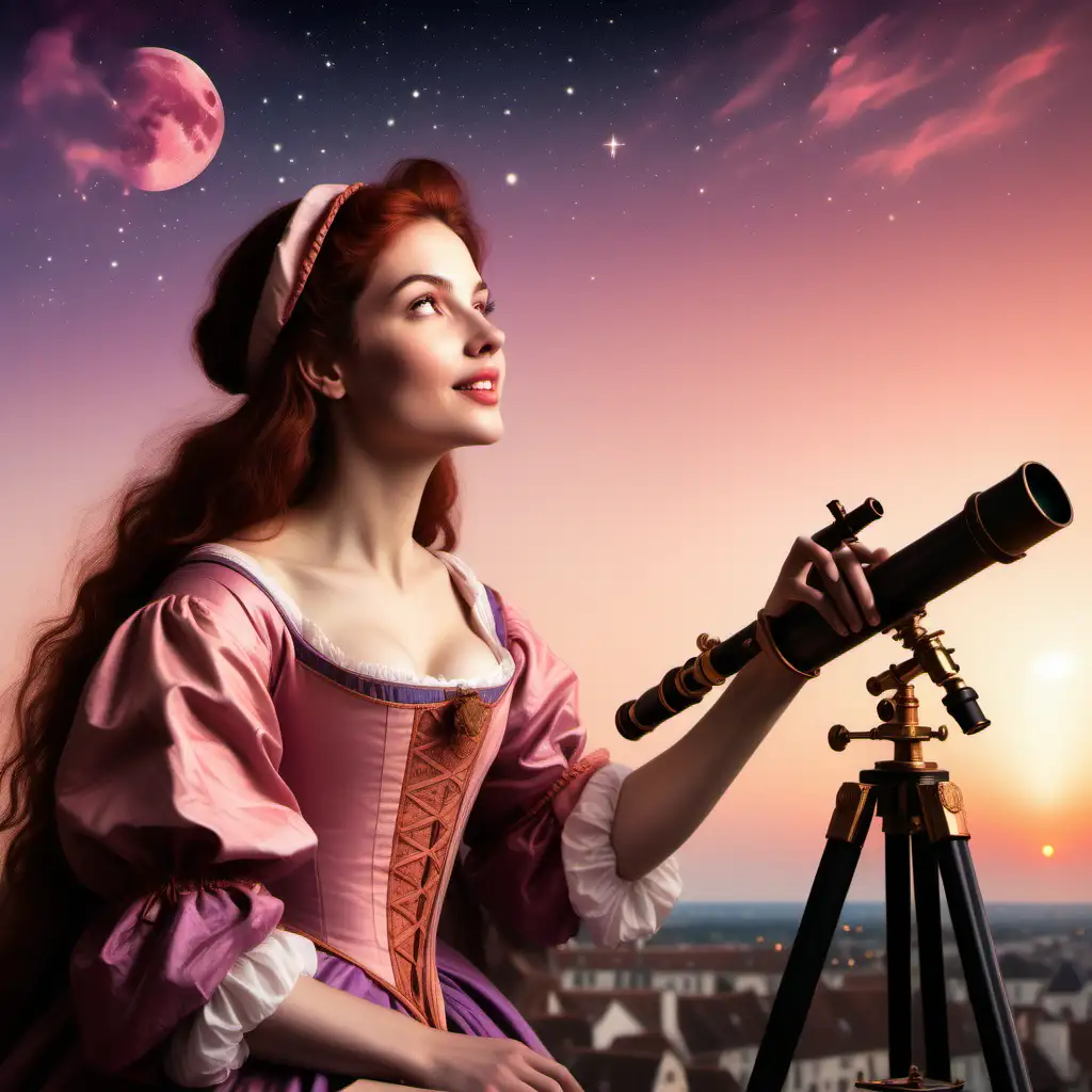 A pretty woman in the 16th century drawing up a horoscope, she is looking up at the sky with her telescope and drawing, the sky is sunset, pink peach purple tones, she is extremely happy