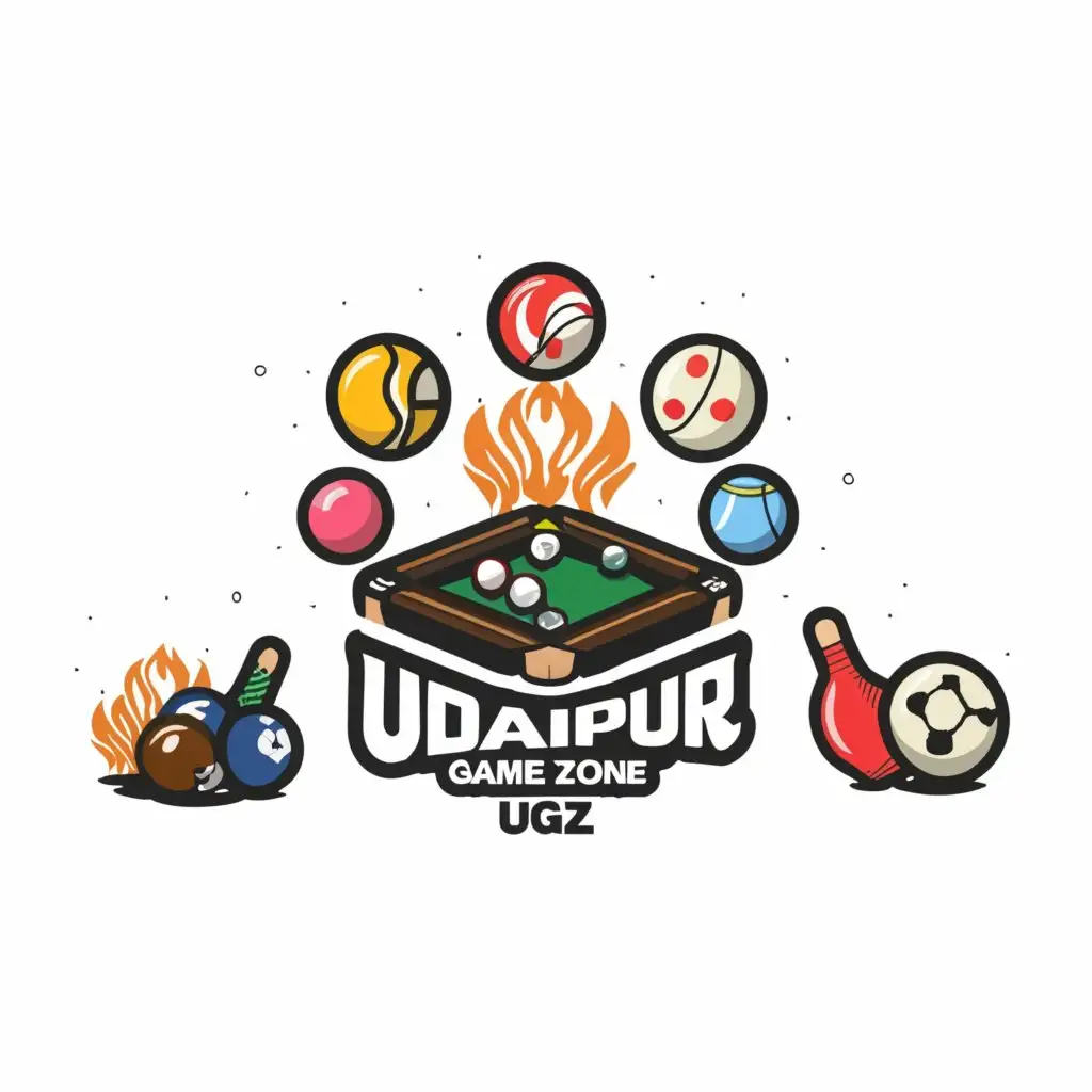 a logo design,with the text "UDAIPUR
GAME
ZONE
UGZ", main symbol:Snooker, fireball, bowling, football,Moderate,be used in Medical Dental industry,clear background