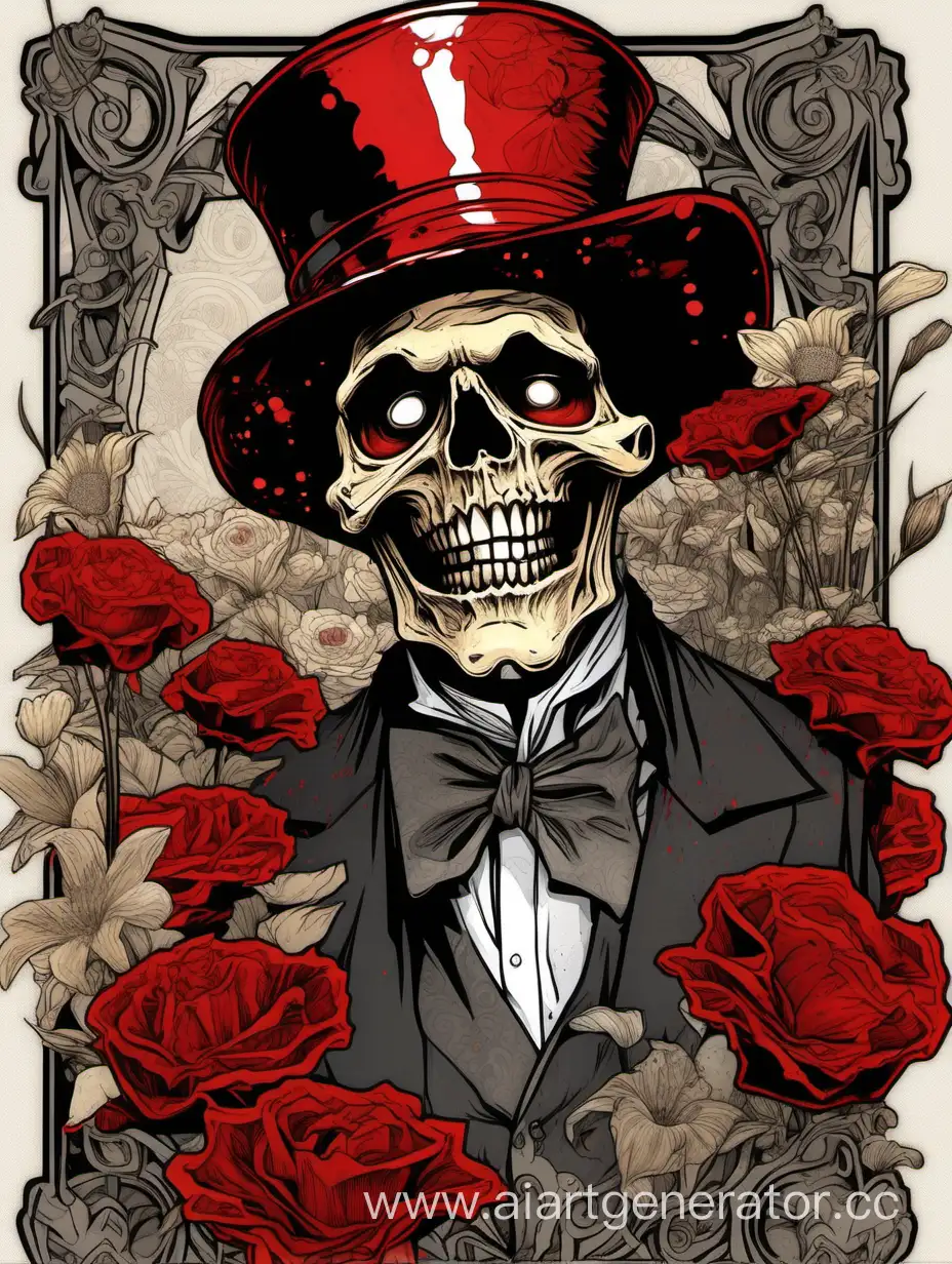 moulin rouge, crazy laugh skull face , assimetrical, alphonse mucha poster, wild flowers dripping paint, comic book, high textured paper, hiperdetailed lineart , black,gray, red, sticker art