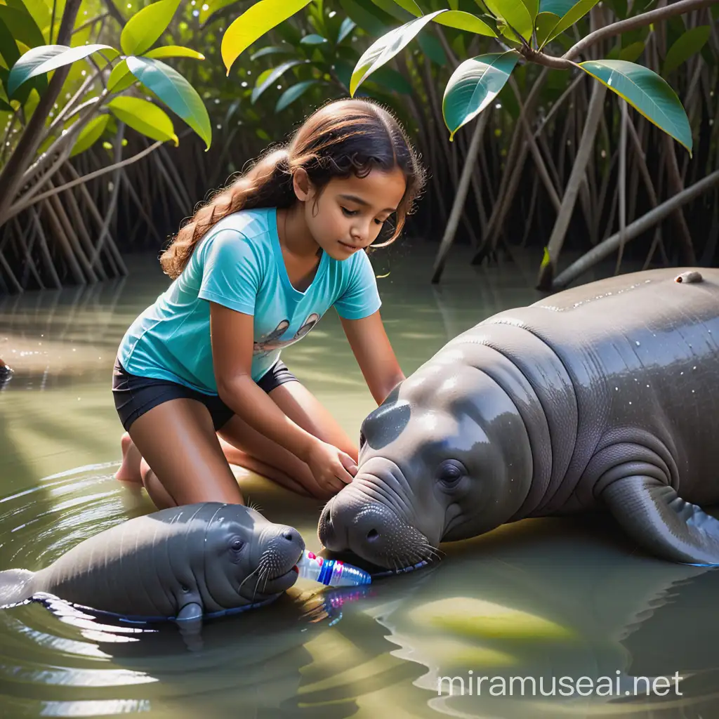  jeune fille metisse dans mangrove aidant un lamantin blesse qui a une bouteille en plastique autour de sa queue.