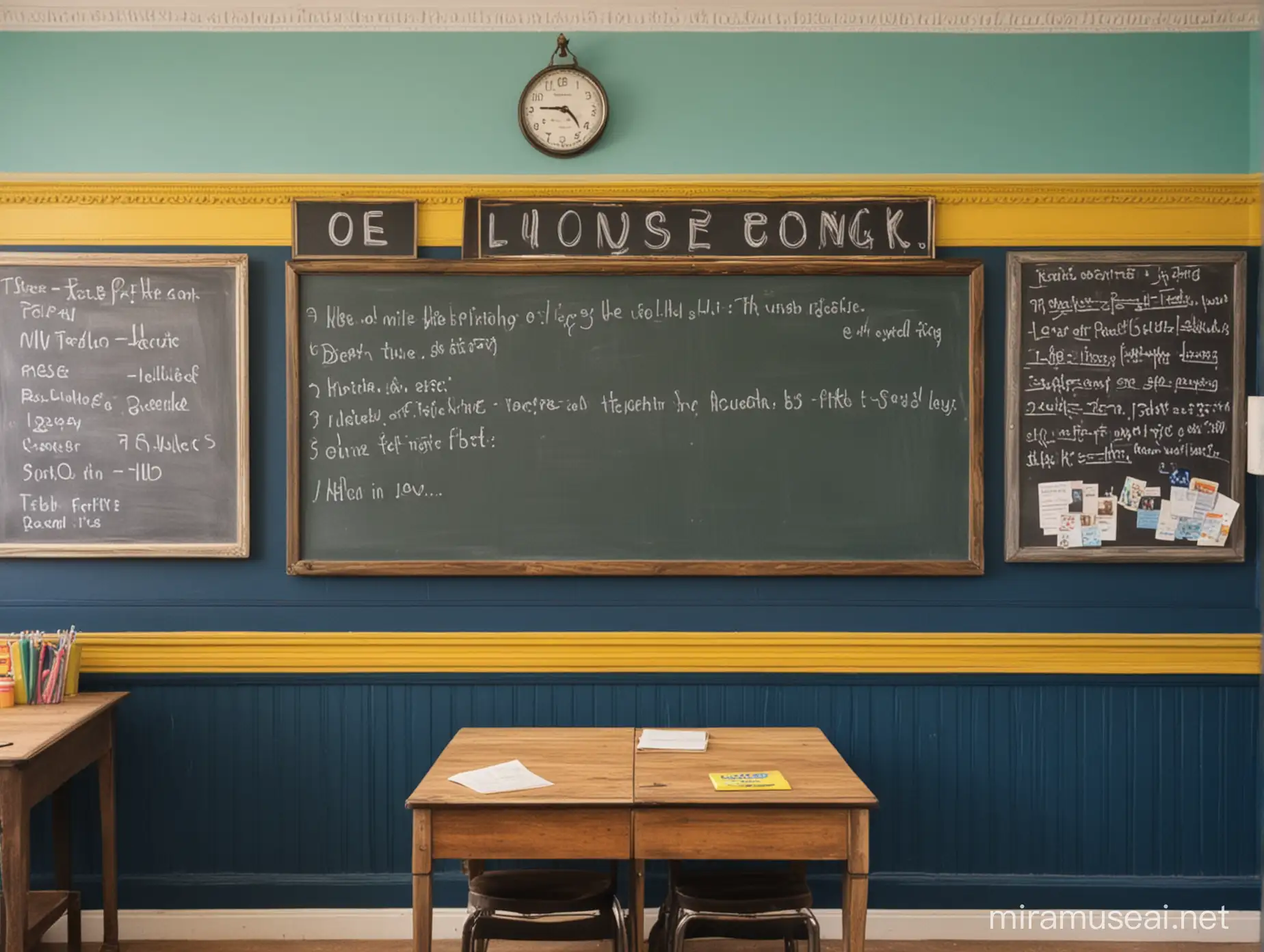Wes Anderson style classroom wall with blue wainscoting and yellow wall and chalkboard in the middle