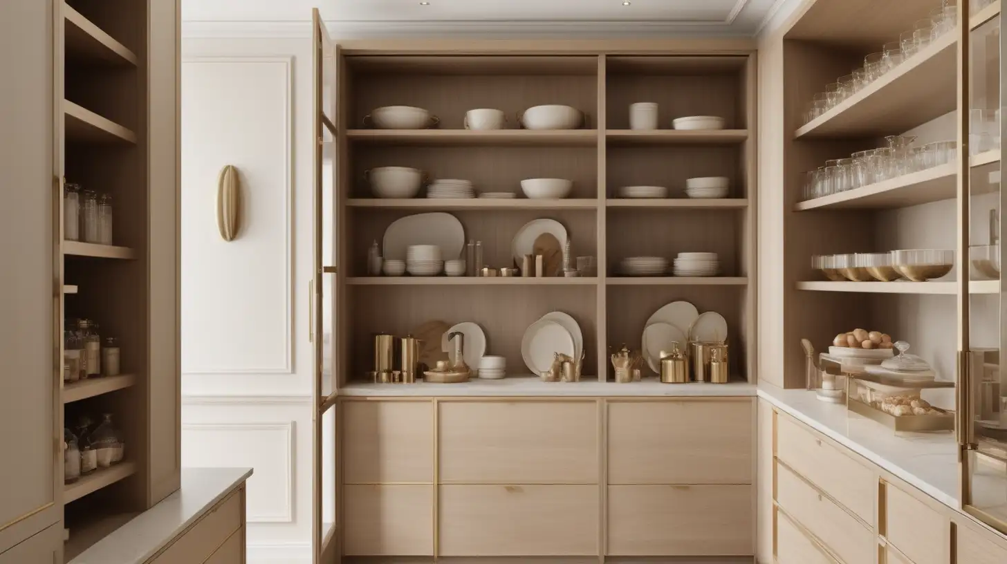 Hyperrealistic image of a modern Parisian estate home butlers pantry; beige, light oak, brass, ivory colour palette