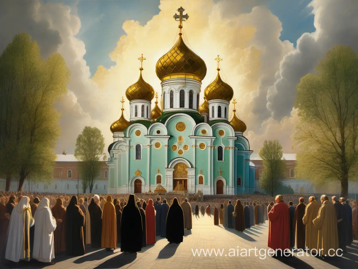 Create an image depicting an Orthodox church with golden domes, surrounded by lush green trees. In front of the entrance, there are people bowing their heads in prayer. In the background, there is a cityscape with a Kremlin and houses in Russian style. Clouds float smoothly in the sky, illuminated by sunlight. In the center of the picture, portray the figure of a tsar standing majestically and surrounded by attendants, looking respectfully at the church. Symbols of power and faith should be placed around him: a crown, scepter, cross. Create an image that conveys an atmosphere of piety and harmony between faith and state in the Moscow Tsardom.