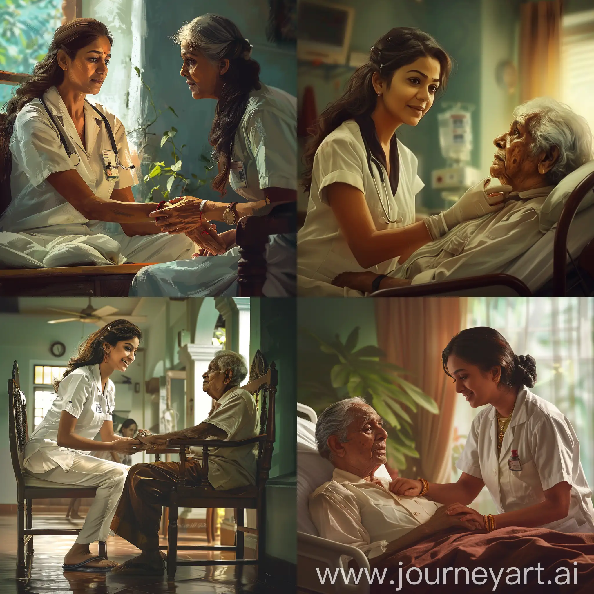 a stunning photo of a scene "a Female Malayali nurse from Kerala, taking care of an old patient", curvy, beautiful, picturesque, photorrealistic, A very well crafted, detailed, subtle smooth color tone, a Kerala general hospital world background
