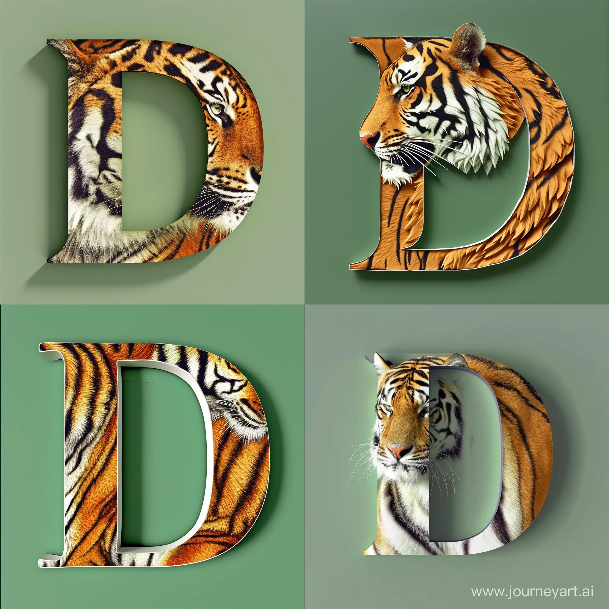 the letter D in 3-d tiger coloring on a green background