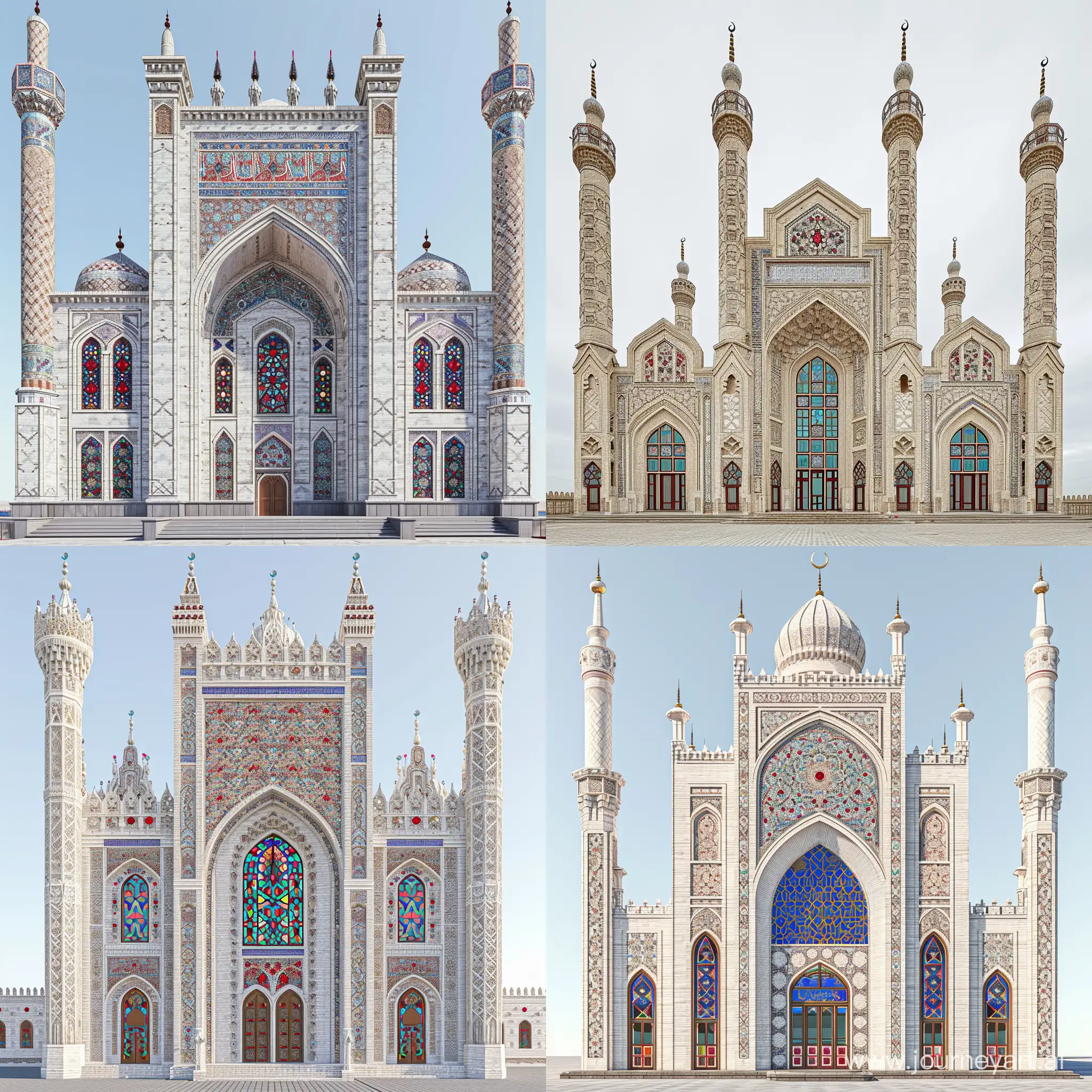 an Uzbekistan style multi level mosque, highly decorated with arabesque carvings, White marbled brick exterior, tall iwan with muqarnas, islamic stained glass windows, red blue persian floral design on spandrels, red blue gems and rubies embedded on islamic arabesque openwork ornaments, thin decorative minarets, many long decorative finials, full view, front view