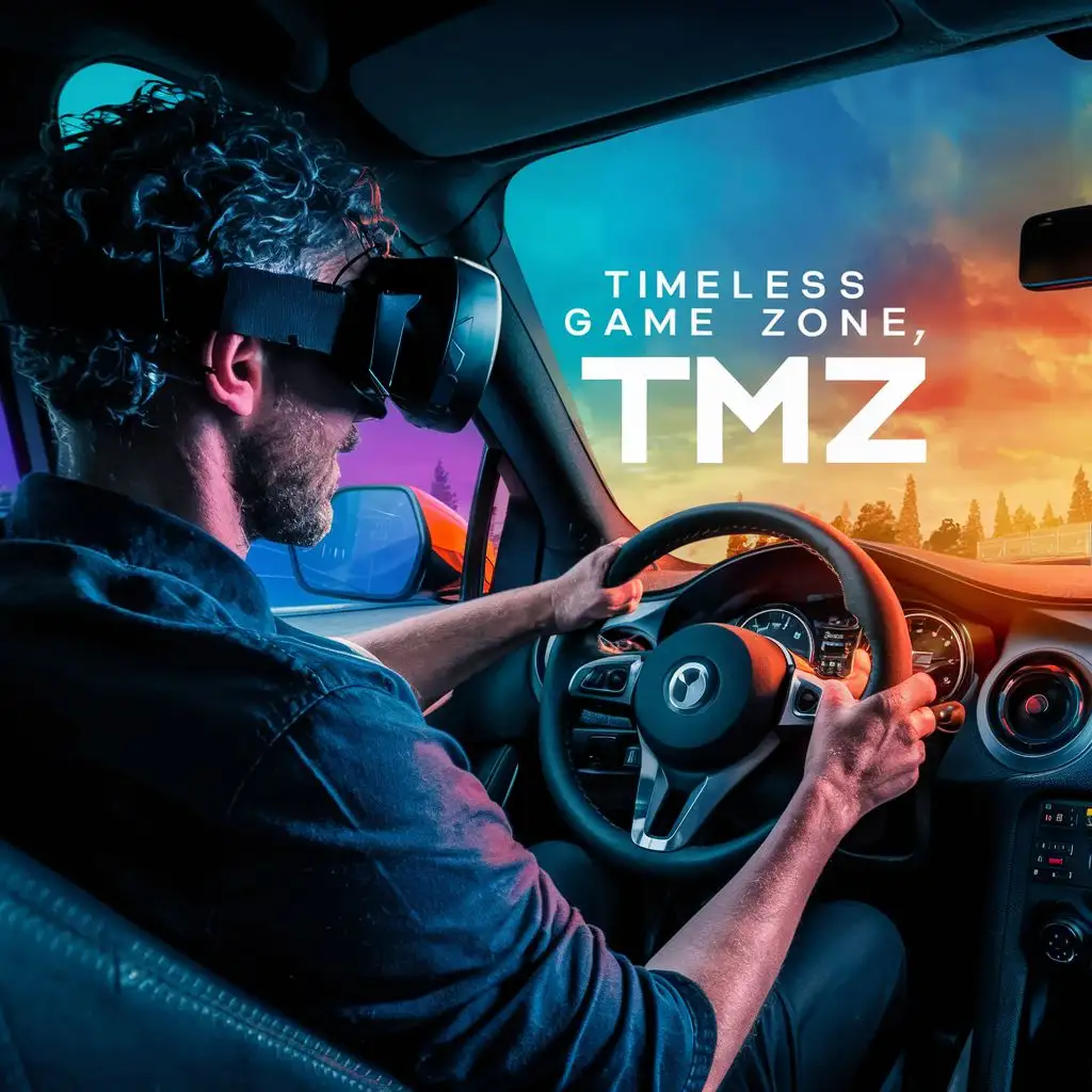 logo, Driver with Virtual reality headset on steering emerging from screen. Colourful, realistic and vivid image, with the text "TIMELESS GAME ZONE, acronymn TMZ", typography, be used in Entertainment industry