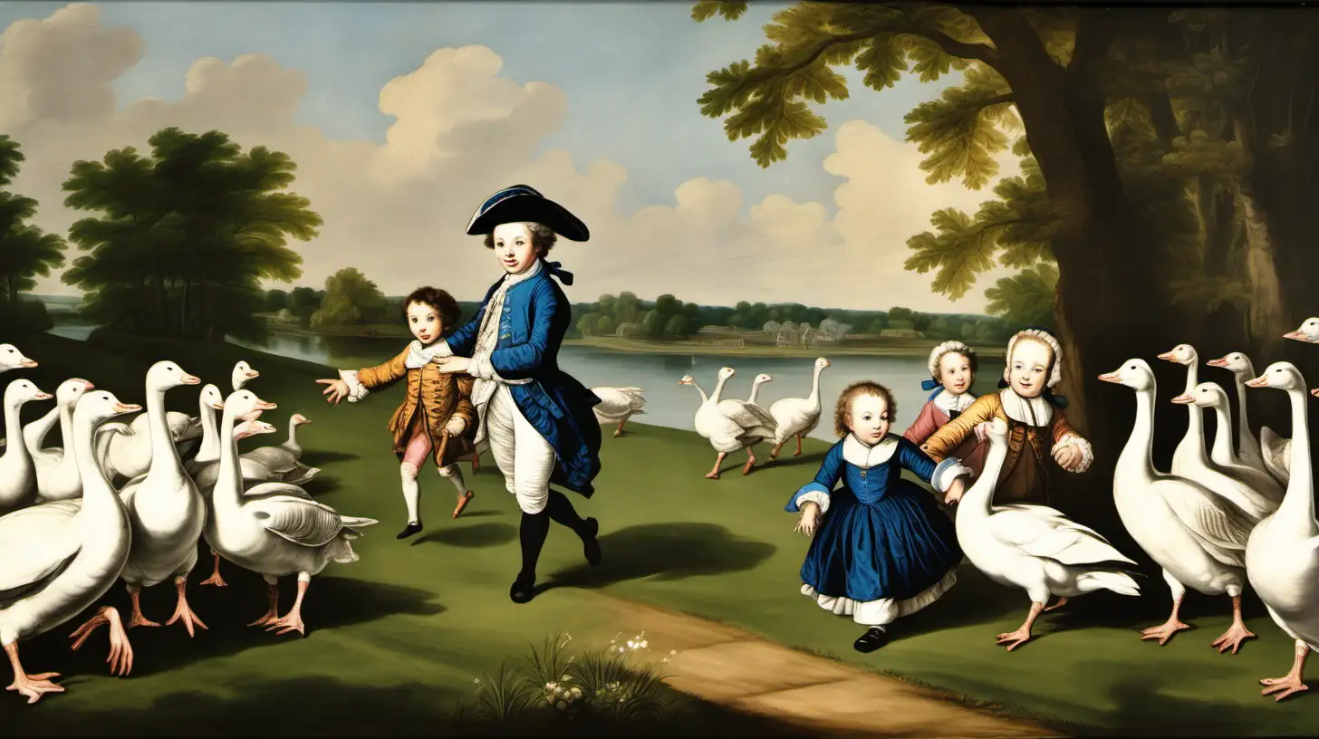 In the style of 18th century painting, a group of small children dressed in 18th century clothing with blue streamers in their hands running after a gaggle of white geese over a green lawn toward a lake in the distance.