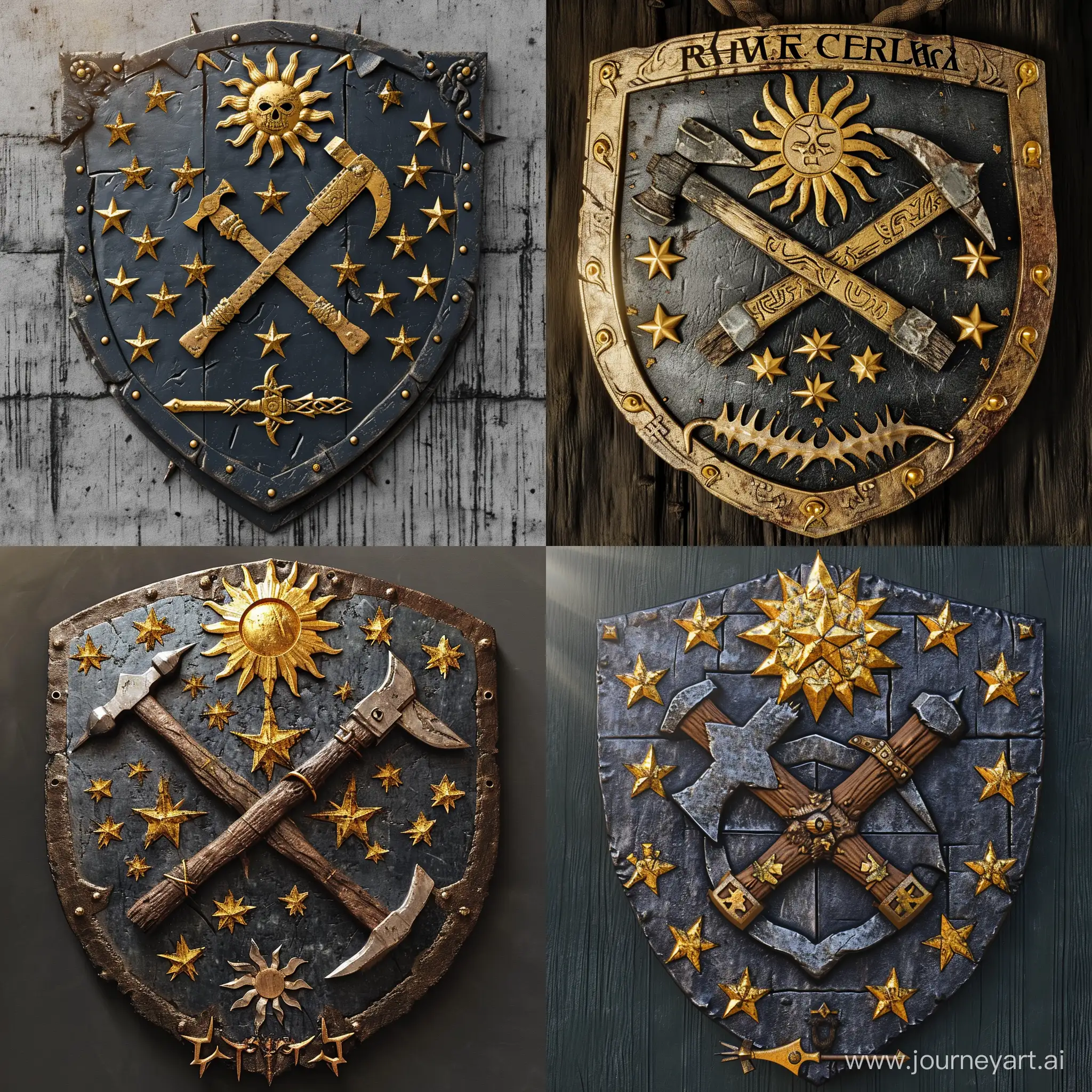 Medieval-Guild-Coat-of-Arms-with-Crossed-Pickaxe-and-Hammer
