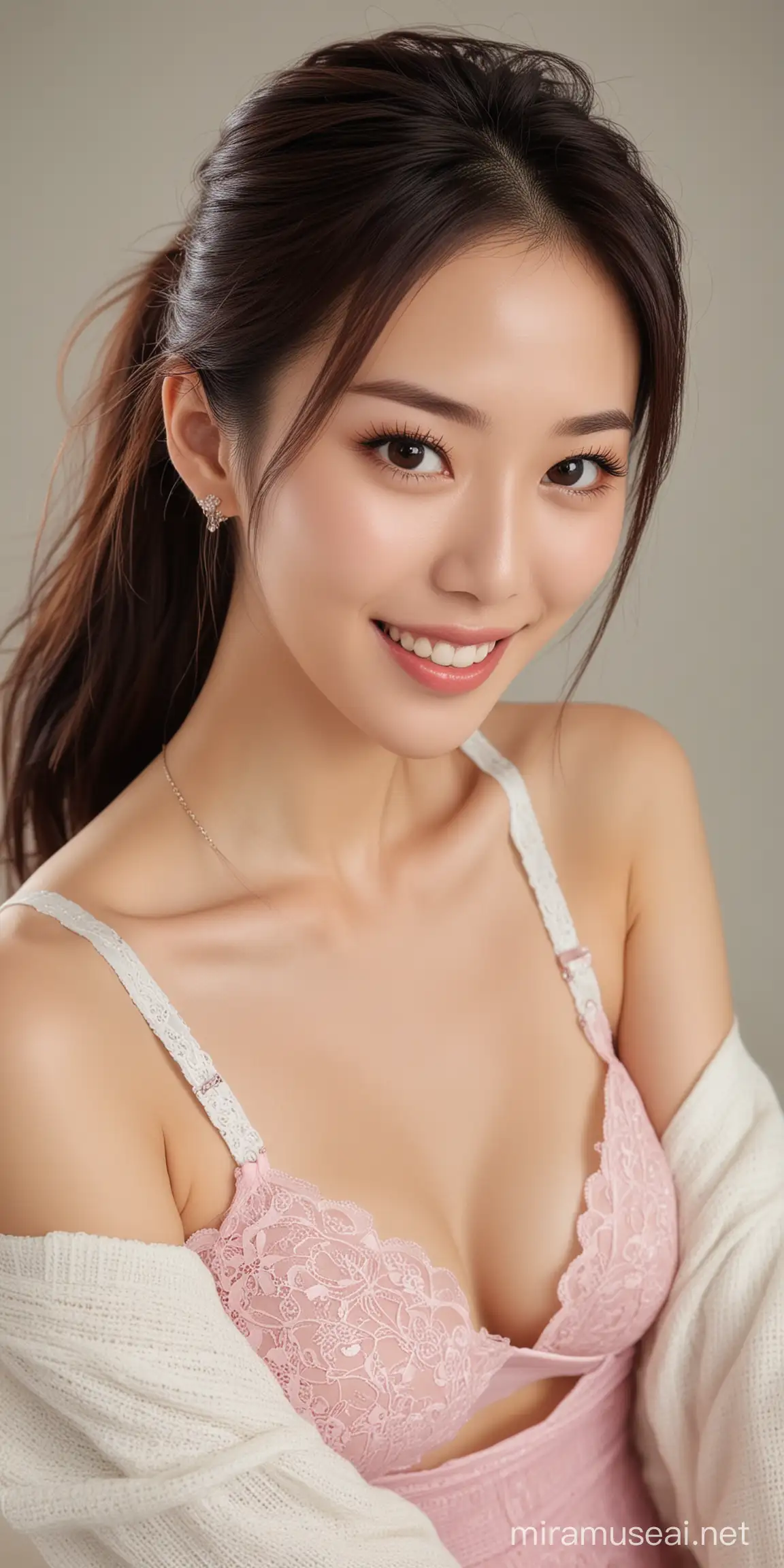 25岁中国美女，性感的衣服，完美的脸型，微笑，上半身。