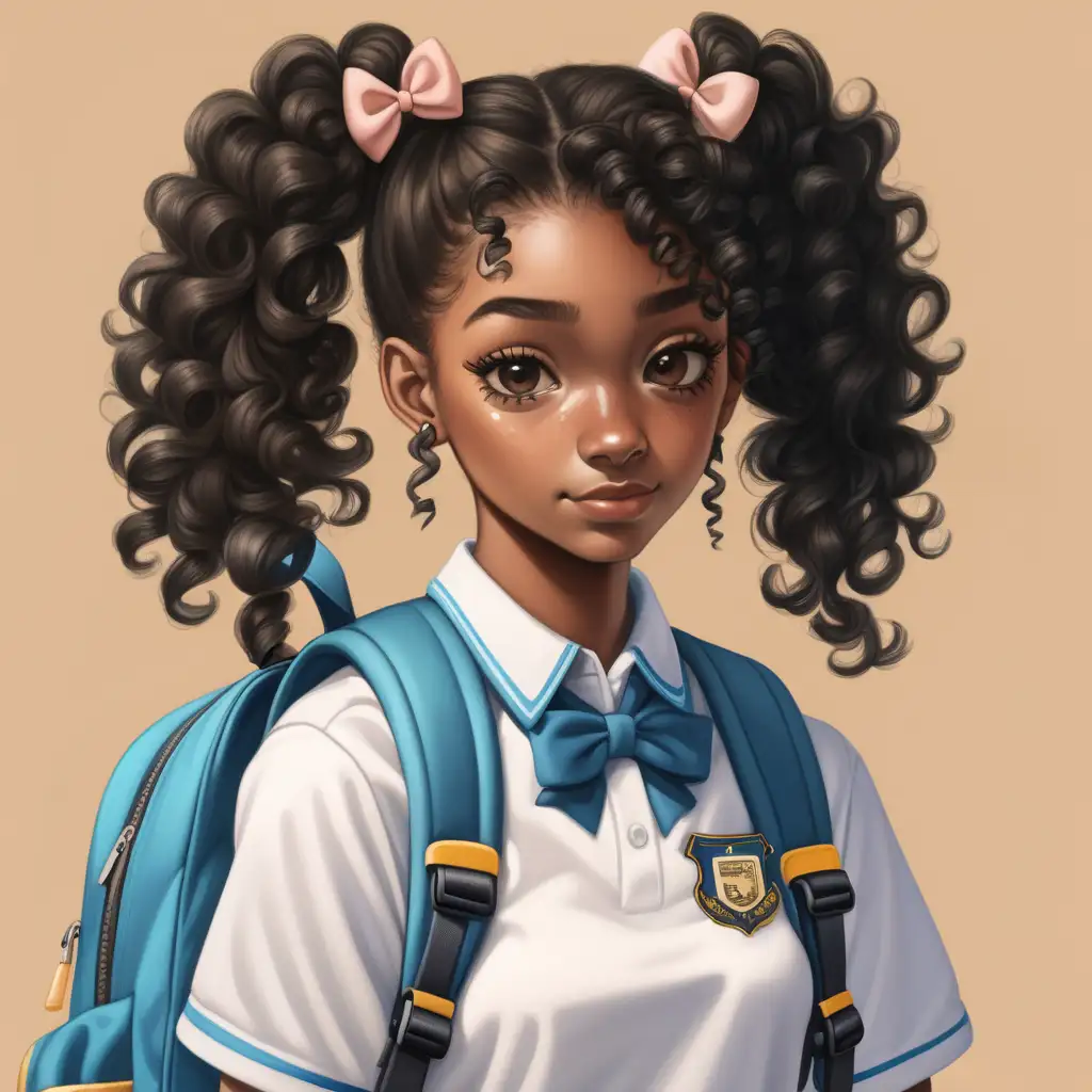 Stylish Teenage Girl in School Uniform with Curly Hair and Backpack