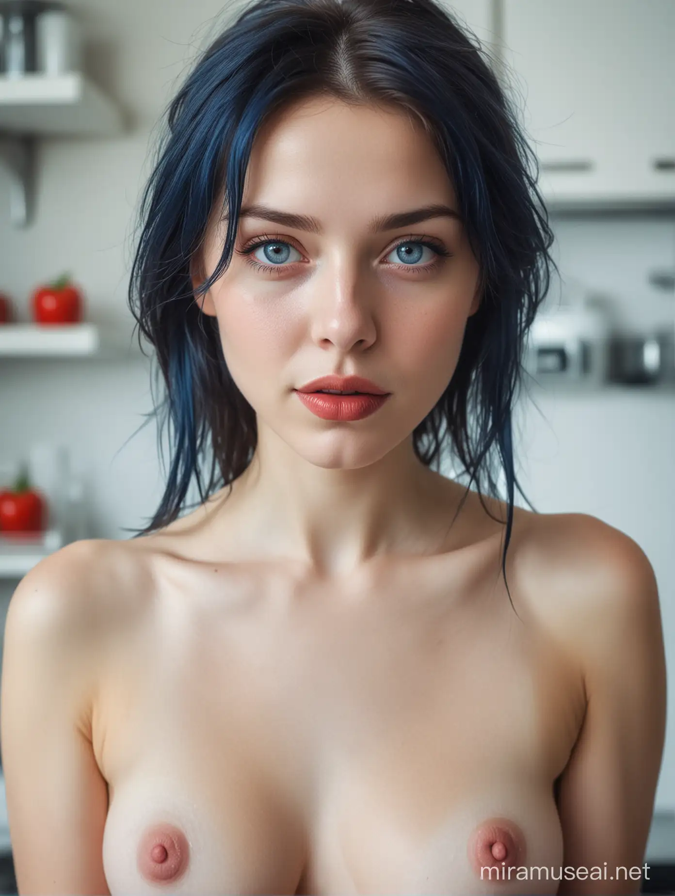 naked beautiful girl in the kitchen all in blue, ohne lips red and eyes white, expressionistic style