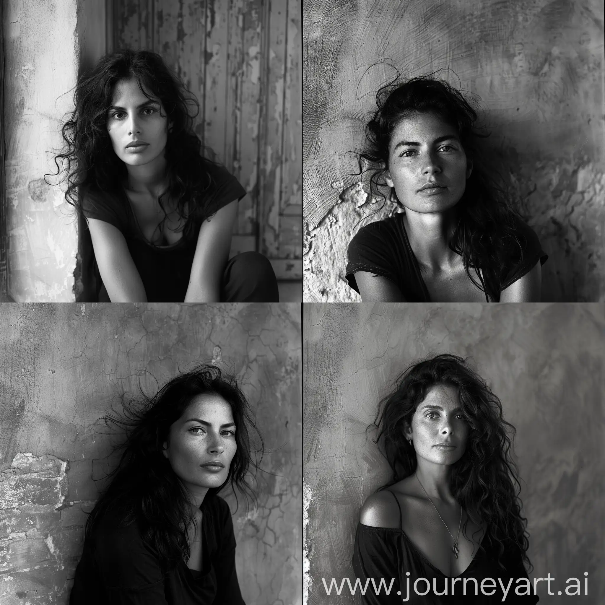 
Intimate photographic portrait of an attractive 40 years old Italian woman, in front of a flat wall, wavy hair, peaceful and confident expression, deep and captivating eyes, looking at camera, eye contact, summer gentle light, cinematic style, shot with Ilford HP5+ 400 ::3 by Ferdinando Scianna::3   --style raw
