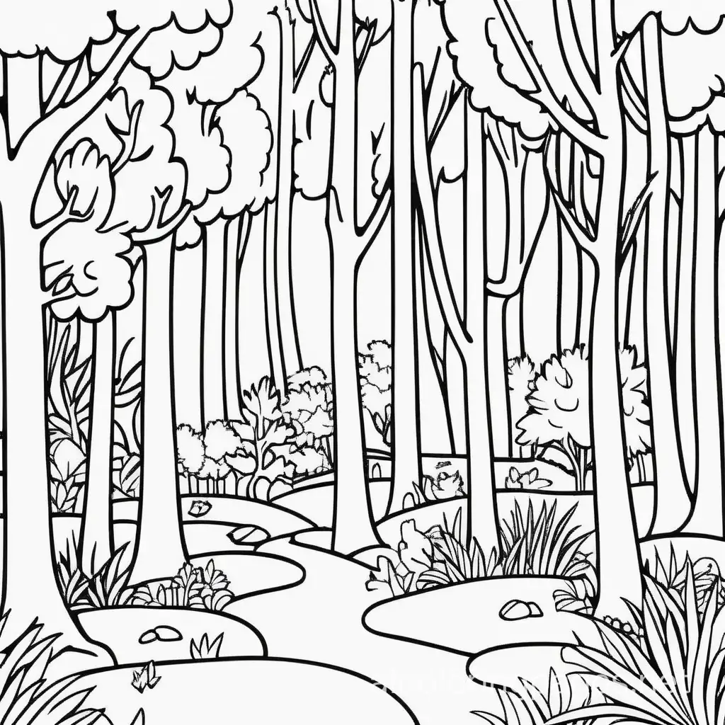 Temperate Forest, Coloring Page, black and white, line art, white background, Simplicity, Ample White Space. The background of the coloring page is plain white to make it easy for young children to color within the lines. The outlines of all the subjects are easy to distinguish, making it simple for kids to color without too much difficulty