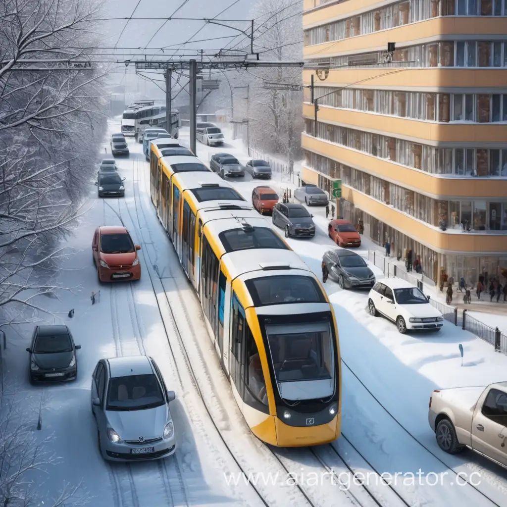 The tram is going to the tram stop. A lot of cars are stuck in a traffic jam in winter and summer. The new buildings