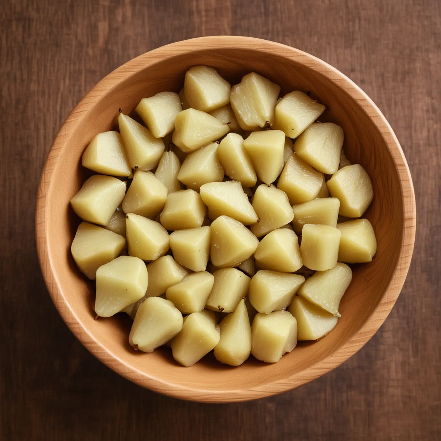 Top View of Fresh Diced Pears in Rustic Wooden Bowl