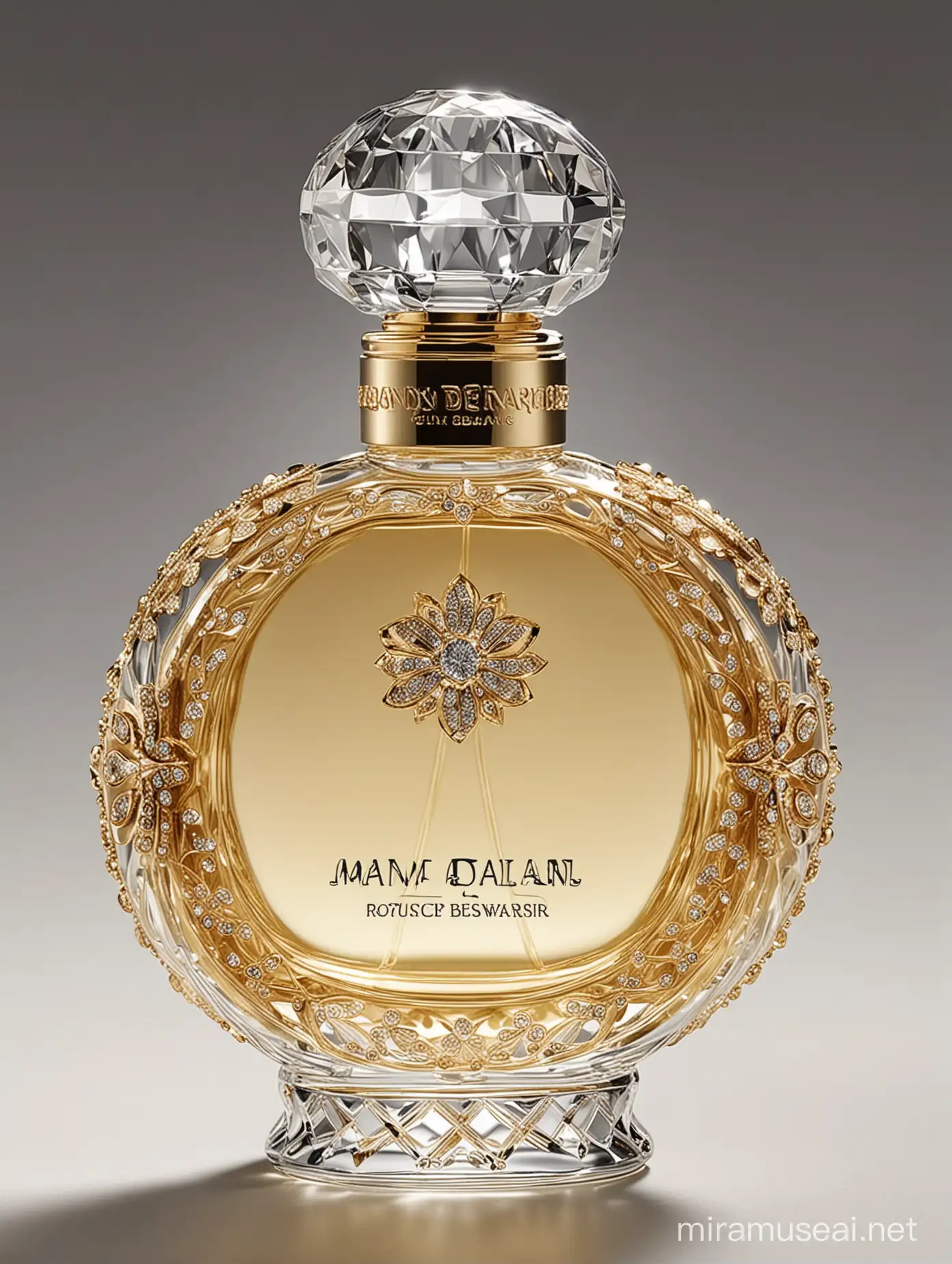 color photo of a luxurious perfume bottle, a true embodiment of elegance and sophistication. The perfume bottle is a work of art, crafted with meticulous attention to detail and exquisite craftsmanship. It exudes an aura of opulence, with its sleek and polished design, adorned with intricate embellishments that catch the light. The glass of the bottle is clear and flawless, allowing the golden or silver liquid within to shimmer and dance with a captivating allure. The cap of the bottle, adorned with a delicate logo or emblem, adds a touch of prestige and exclusivity. This composition invites viewers to indulge in the world of luxury and fragrance, appreciating the beauty and allure of a finely crafted perfume bottle. It is a visual invitation to experience the sensory journey that comes with wearing a luxurious fragrance, as it envelops the senses and leaves a lingering trail of elegance in its wake.