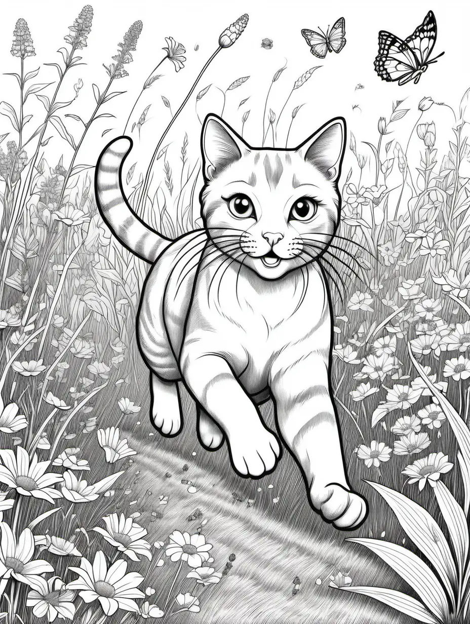 colouring page of A playful cat chasing in a meadow filled with wildflowers.

