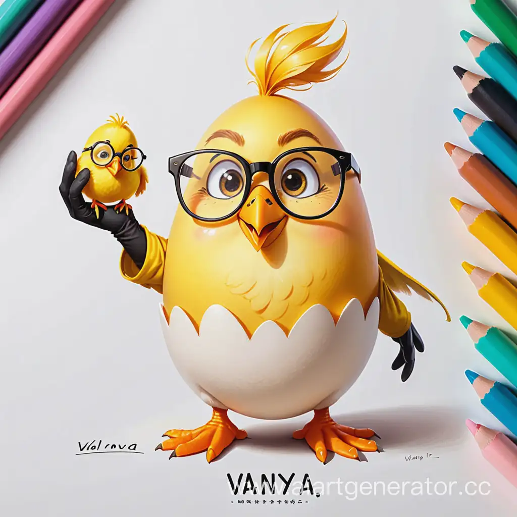 draw a yellow egg with one eye and glasses who has a smile, he has a T-shirt with the inscription vanya, who has gloves with hands
but he doesn 't have a beak , he 's not small and he has hair