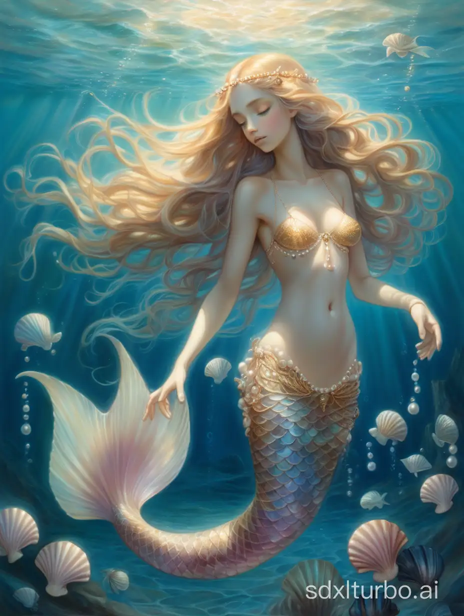 An enchanting oil painting depicting a mythological woman immersed in the sea. She has a slender, ethereal figure, long flowing smooth hair adorned with seashells and pearls. Her skin is pale and she has a iridescent pink mermaid tail, while her eyes radiate a mysterious, otherworldly glow. The background consists of a dreamy, calm sea filled with vibrant blues, where sunlight filters through the water, casting a soft, golden hue. She is immerse in the water. Her fin is big and majestic. She wears a bra. In Chiara Bautista style