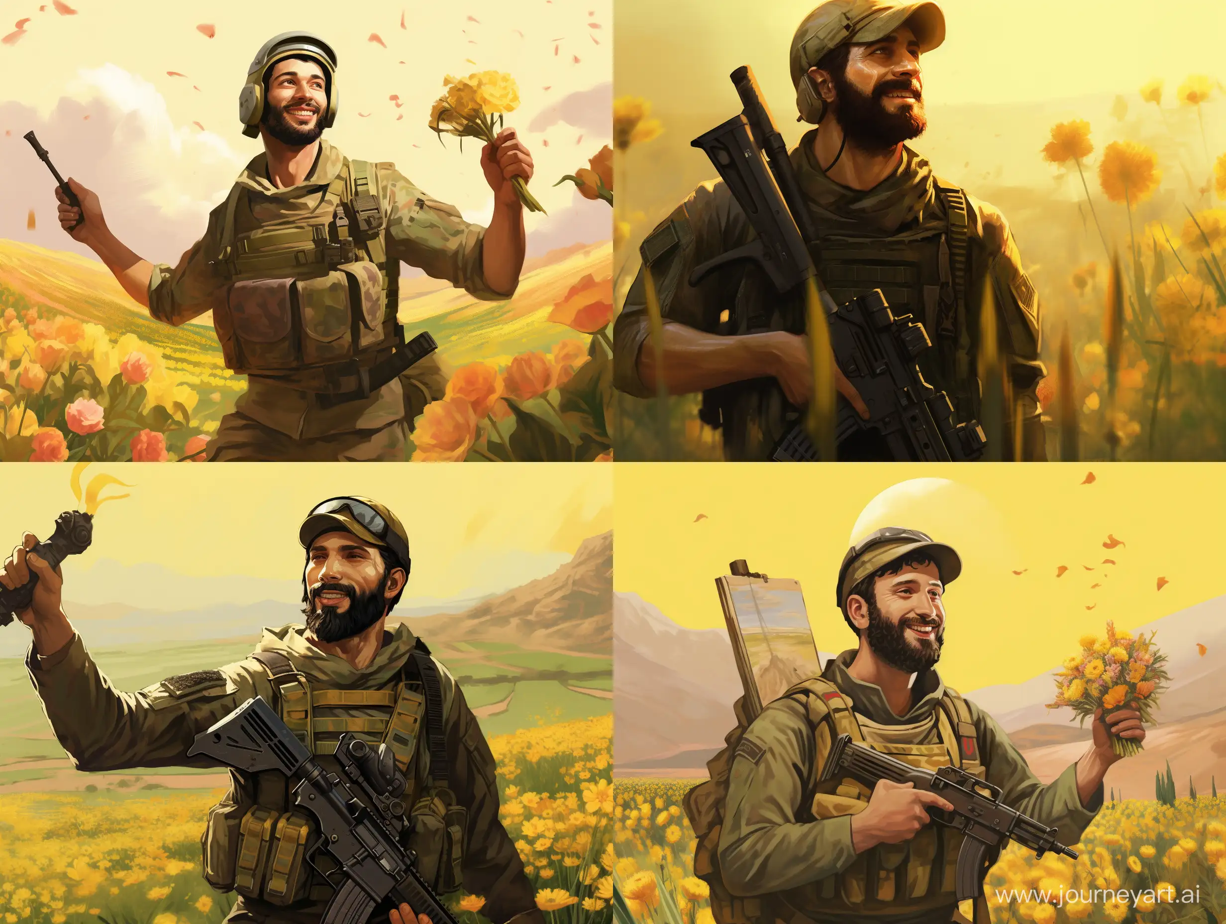 Hezbollah-Soldier-Smiling-in-Military-Uniform-amid-Yellow-Roses