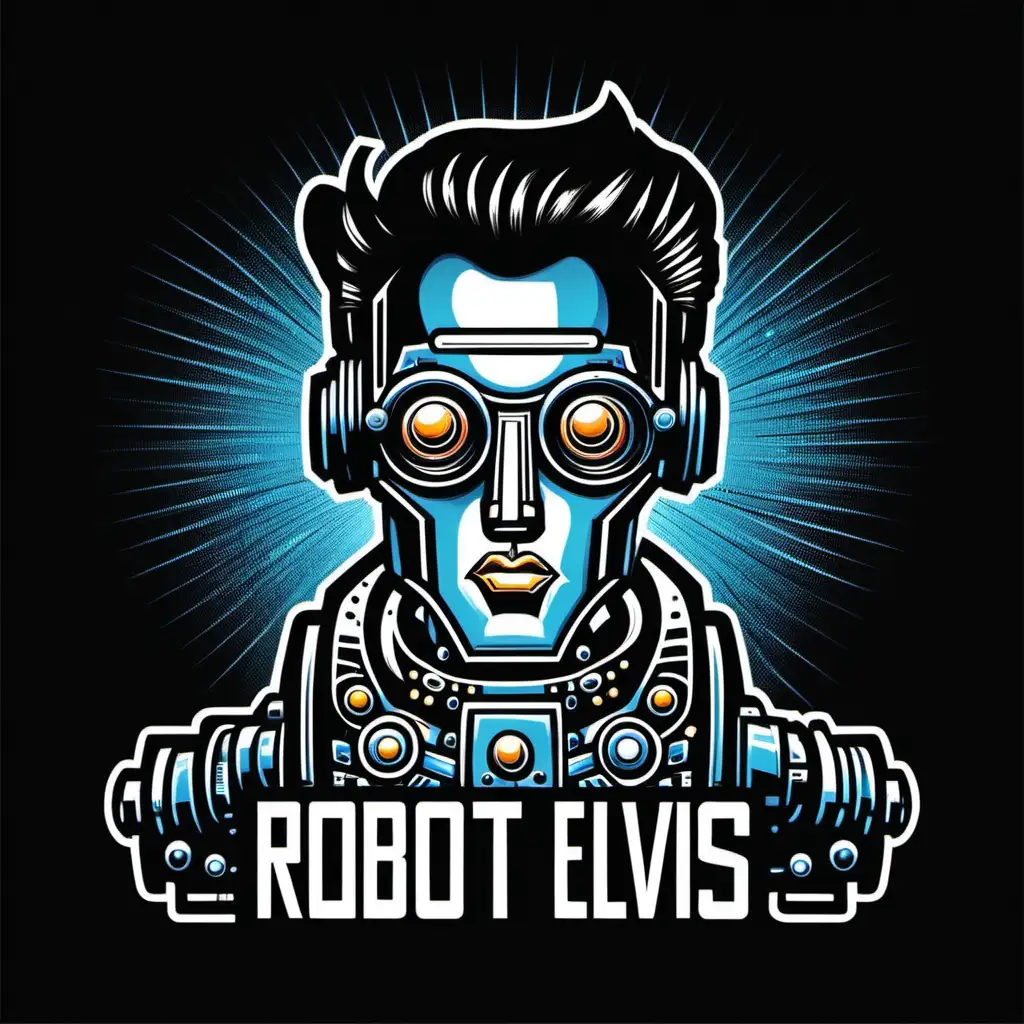 Robot elvis graphic for t-shirt design on a black t-shirt, vivid, flat black background
