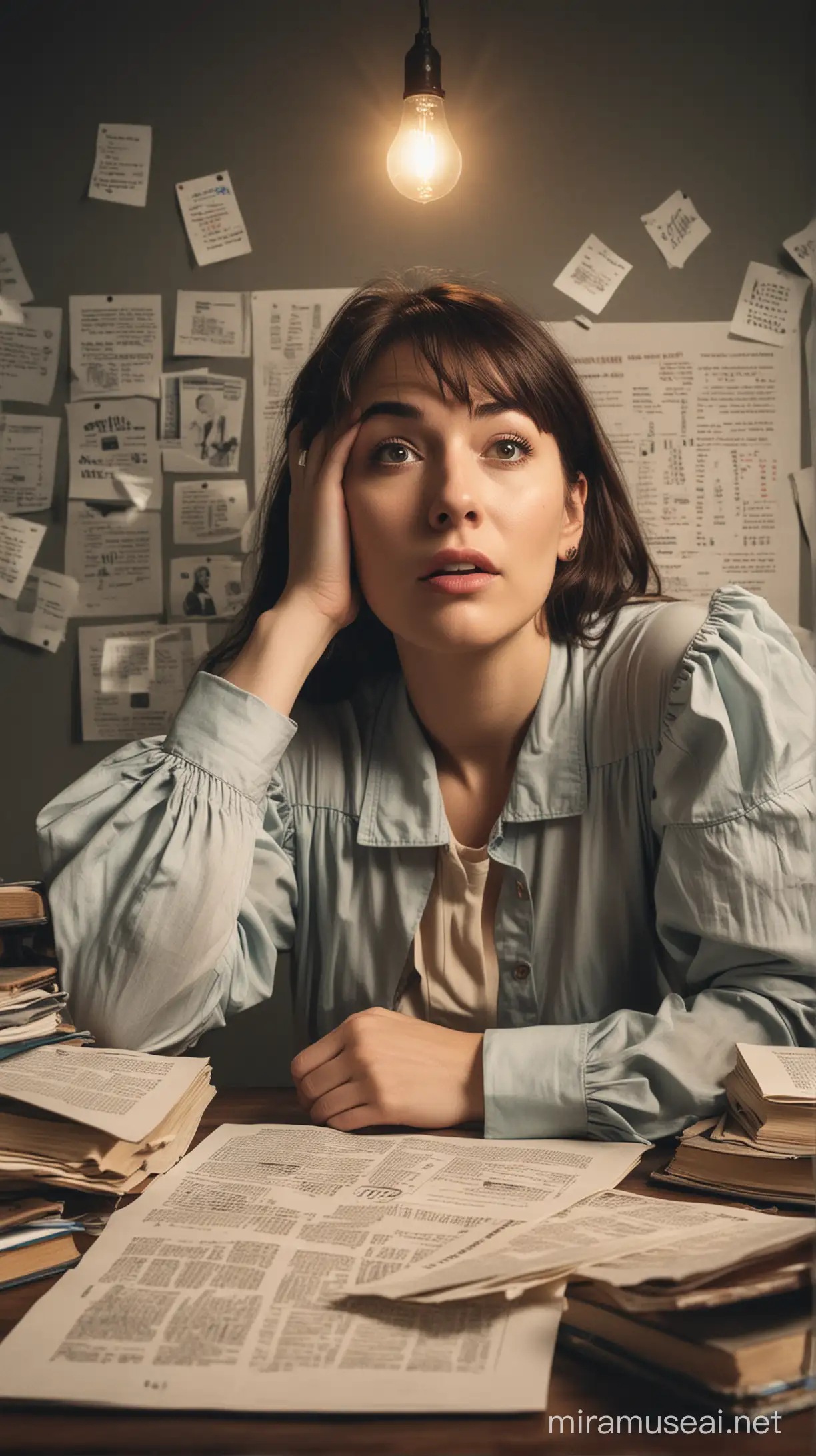 Title: "Eureka Moment"  Description: In the image, a person sits at a cluttered desk, surrounded by books and papers. They wear a puzzled expression, eyebrows furrowed, as they gaze at a book titled "MLM Secrets Unveiled." Their hand is raised to their chin, indicating deep thought. A speech bubble above them depicts a question mark, emphasizing their confusion.  Meanwhile, in the background, a dimly lit room suggests they are attending an MLM training session. A projector screen displays complex diagrams and statistics related to multi-level marketing. Suddenly, a lightbulb switches on above the person's head, symbolizing their moment of realization. The glow from the lightbulb illuminates their face, highlighting the excitement and understanding dawning upon them.  This juxtaposition captures the transition from confusion to enlightenment as the individual grasps the intricacies of MLM, perhaps realizing both its potential and pitfalls.