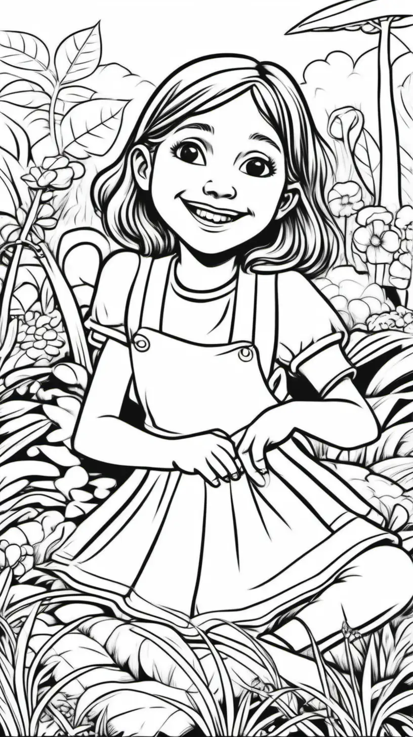 /imagine coloring book of an 8 year old girl, cartoon, sitting in the garden, smiling and happy, rolling on the ground
