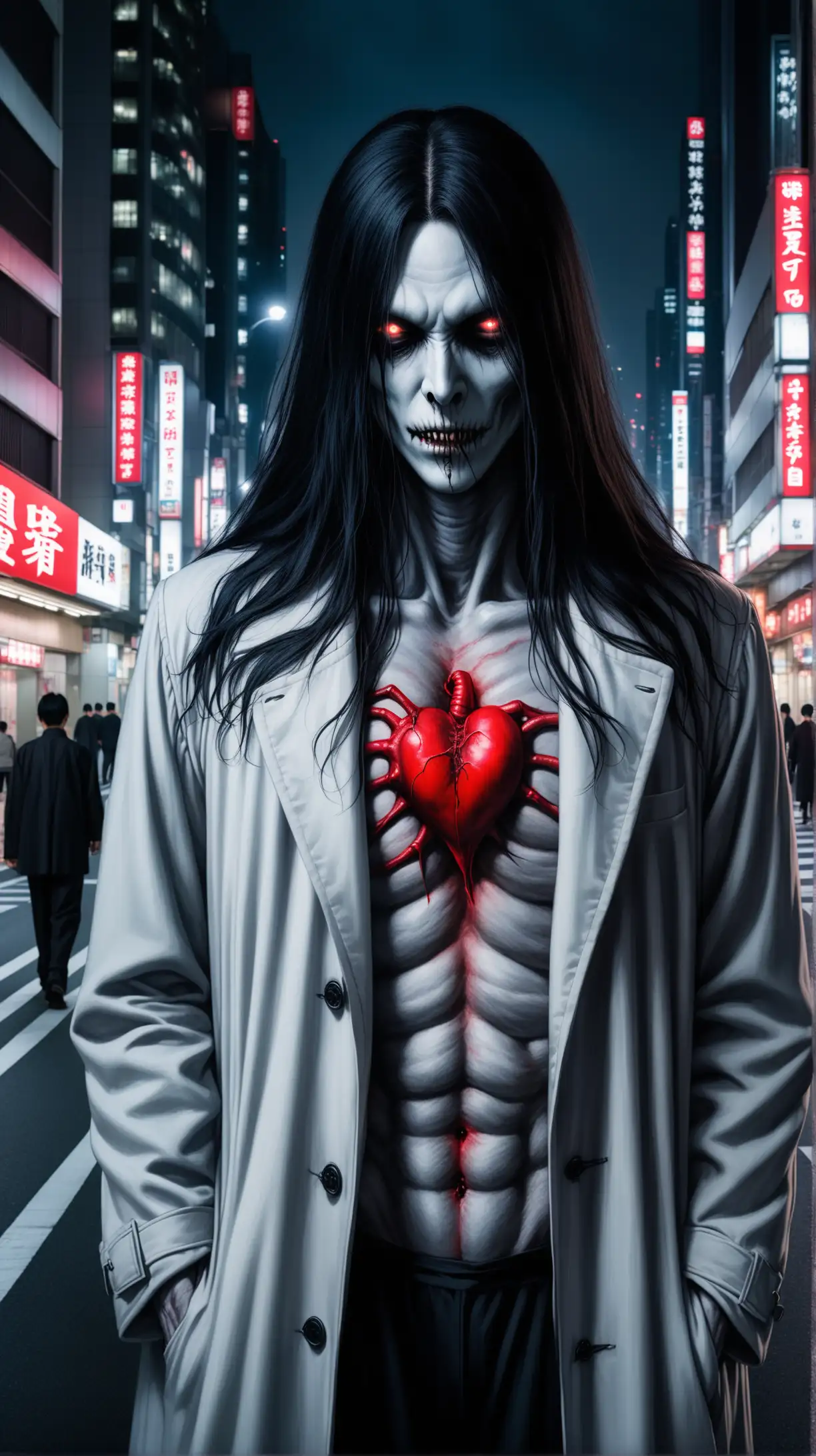 a  slightly visible haunting spirit of male attractive Ghoul, ghoul is dressed in white-grey coat and black costume with pallid skin and sunken eyes and long dark hair, with red realistic human heart in the chest, night tokyo empty strrets are on background, dark style, hyper-realistic, photo-realistic