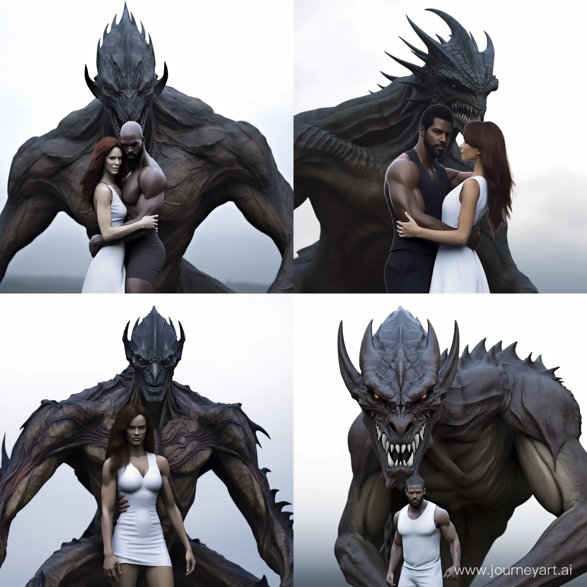 4K ultra realistic photography of half body bewitching black humanoid Dragon winged man with muscular body magnificent hugging a fascinating humanoid Dragon White woman