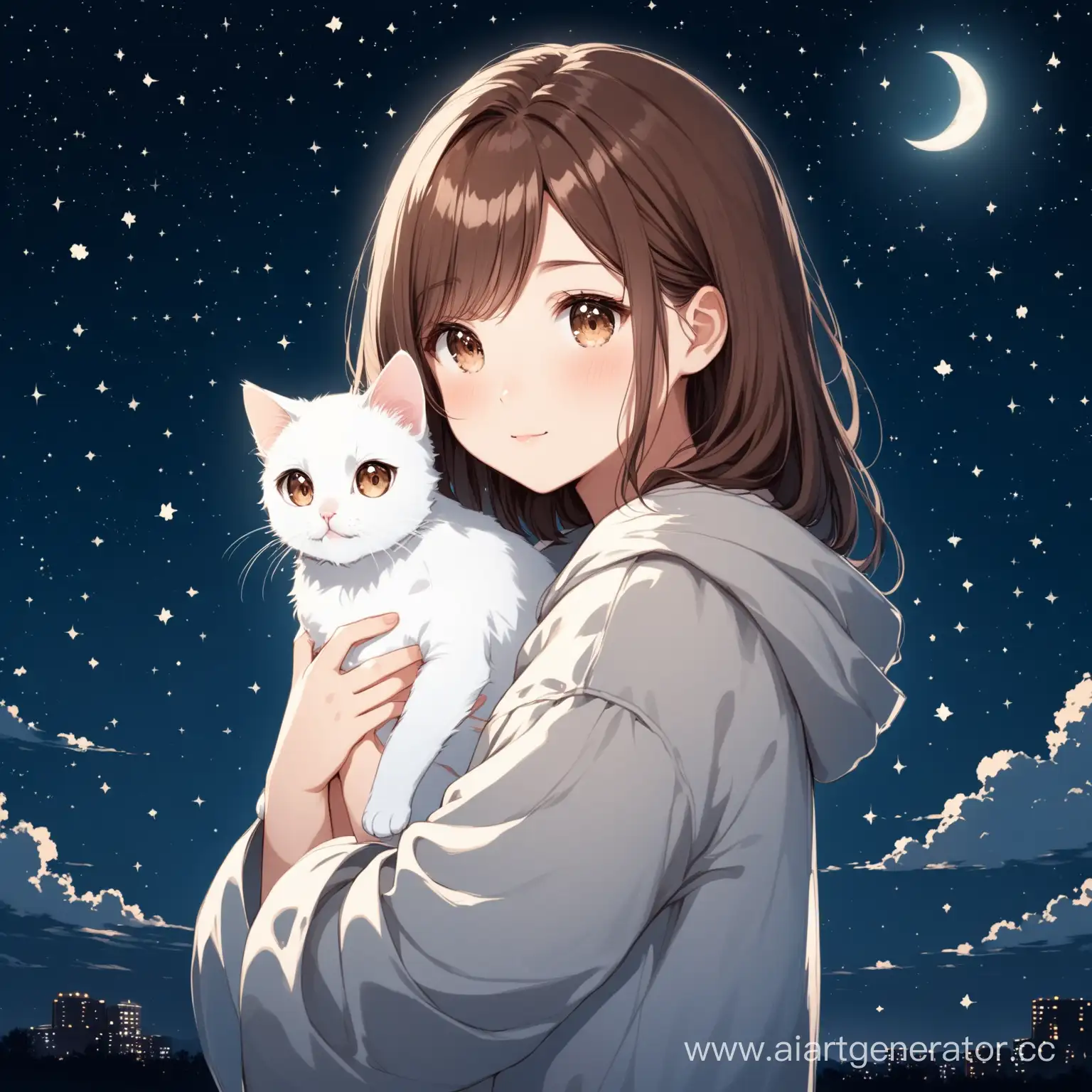 Девушка с коричневыми волосами держит в руках белую кошку серыми частями. На фоне красивое ночное небо. 